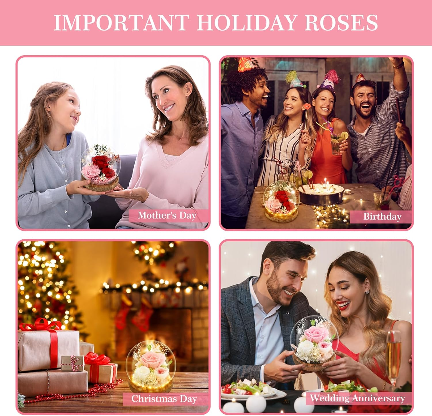 Rose in Glass Dome, Long-Lasting Real Flowers, with LED Light, Unique for Mother'S Day & Christmas & Valentine'S Day, Preserved Flowers Rose Gifts for Wife Girlfriend Mom (Red) image number 1