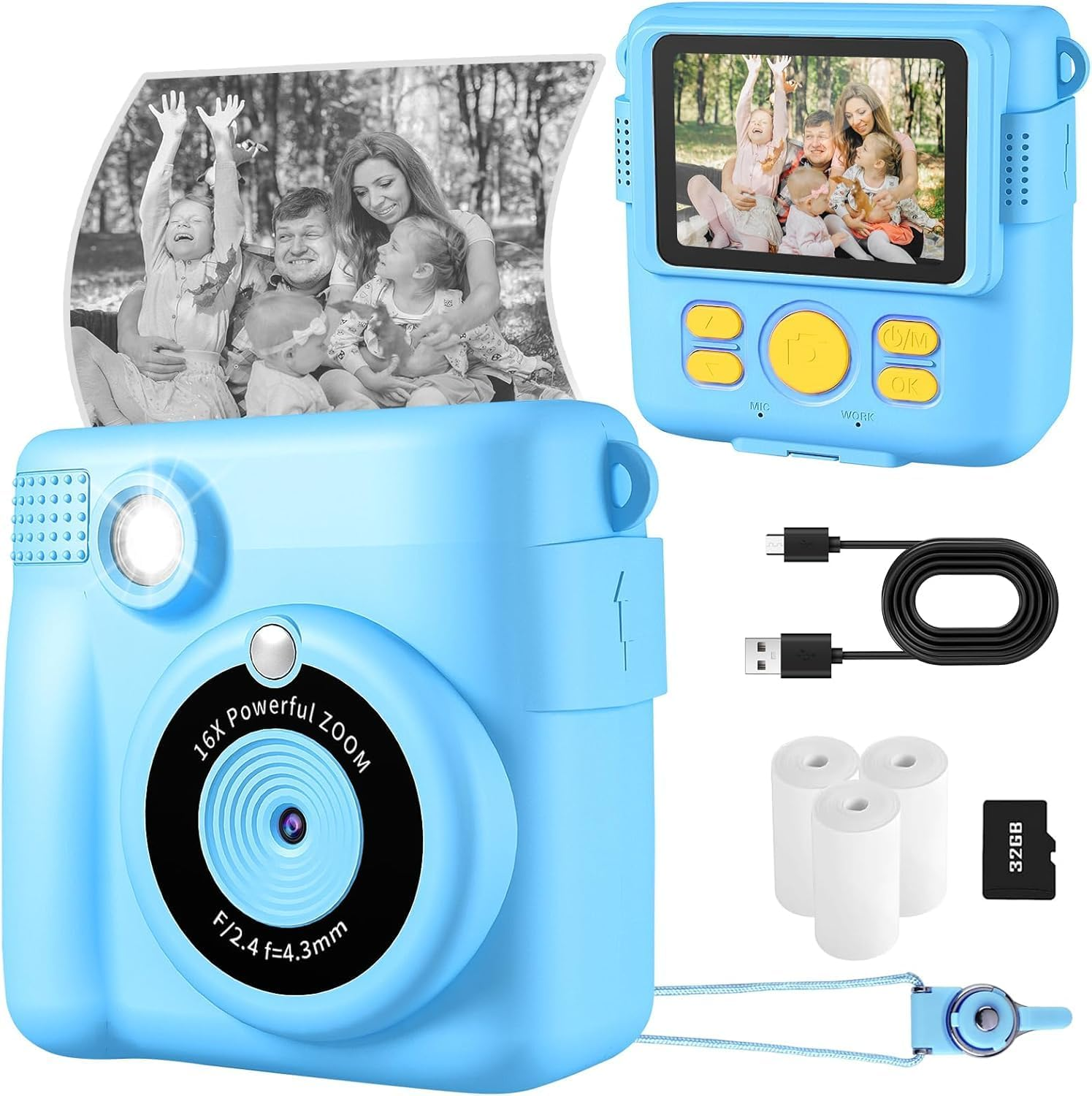 Kids Camera - Children'S Instant Camera Print 1080P 2.4 Inch Screen, Digital Camera with 16X Digital Zoom, 32GB TF Card, Card Reader, Colored Pens for 3-12 Boys and Girls Years Gift PINK