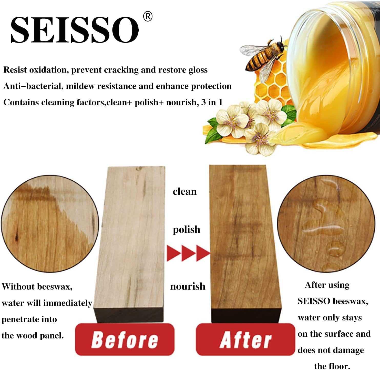 Wood Seasoning Beeswax -2Pcs Natural Wood Wax Polish for Furniture Care Beeswax Polish for Wood Door, Floor, Tables, Chairs, Cabinets, Bed Frame image number 4