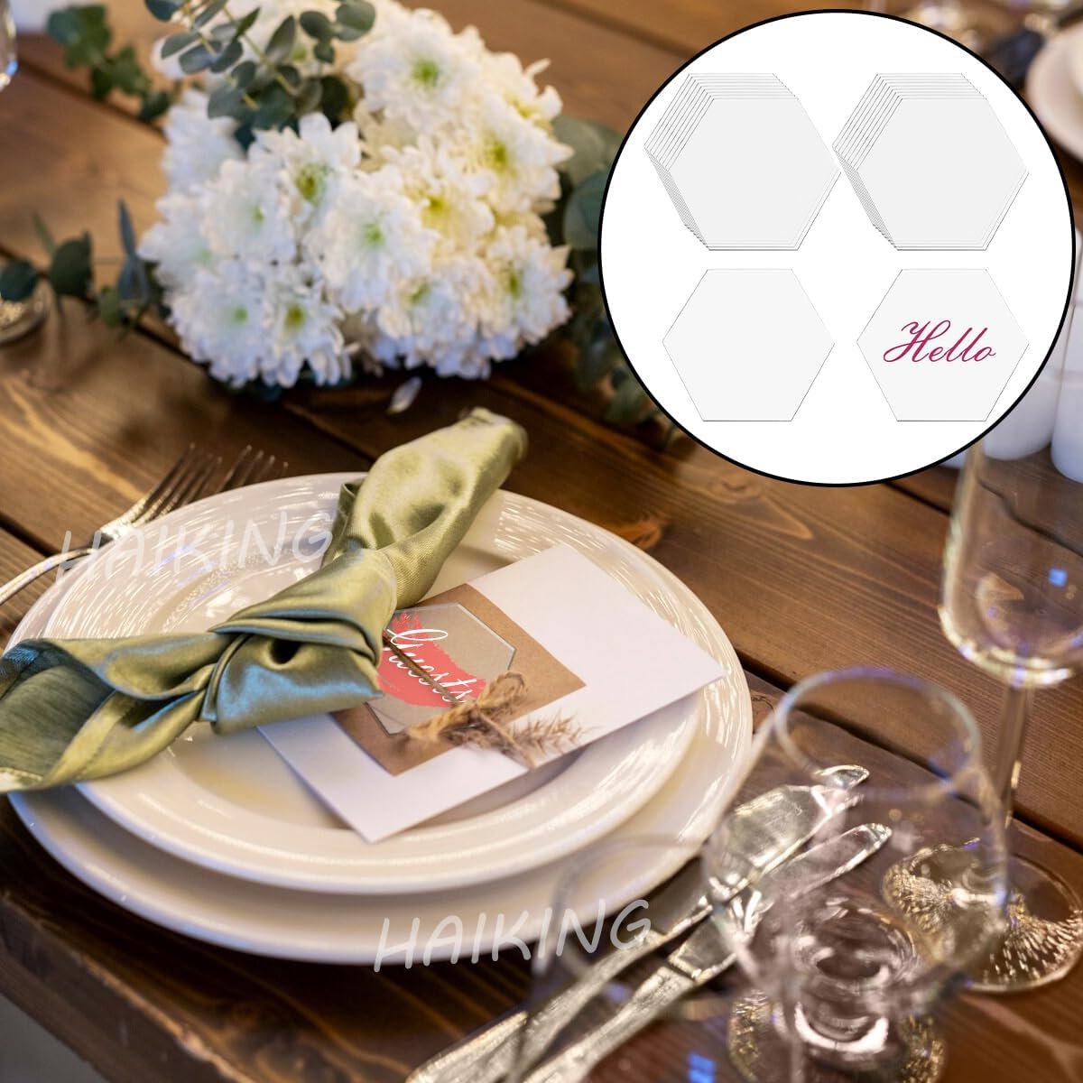 Hexagon Shape Name Cards, 20 Pcs Clear Acrylic Name Place Cards for Wedding, Birthday Party, Banquet Events (8CM) image number 3