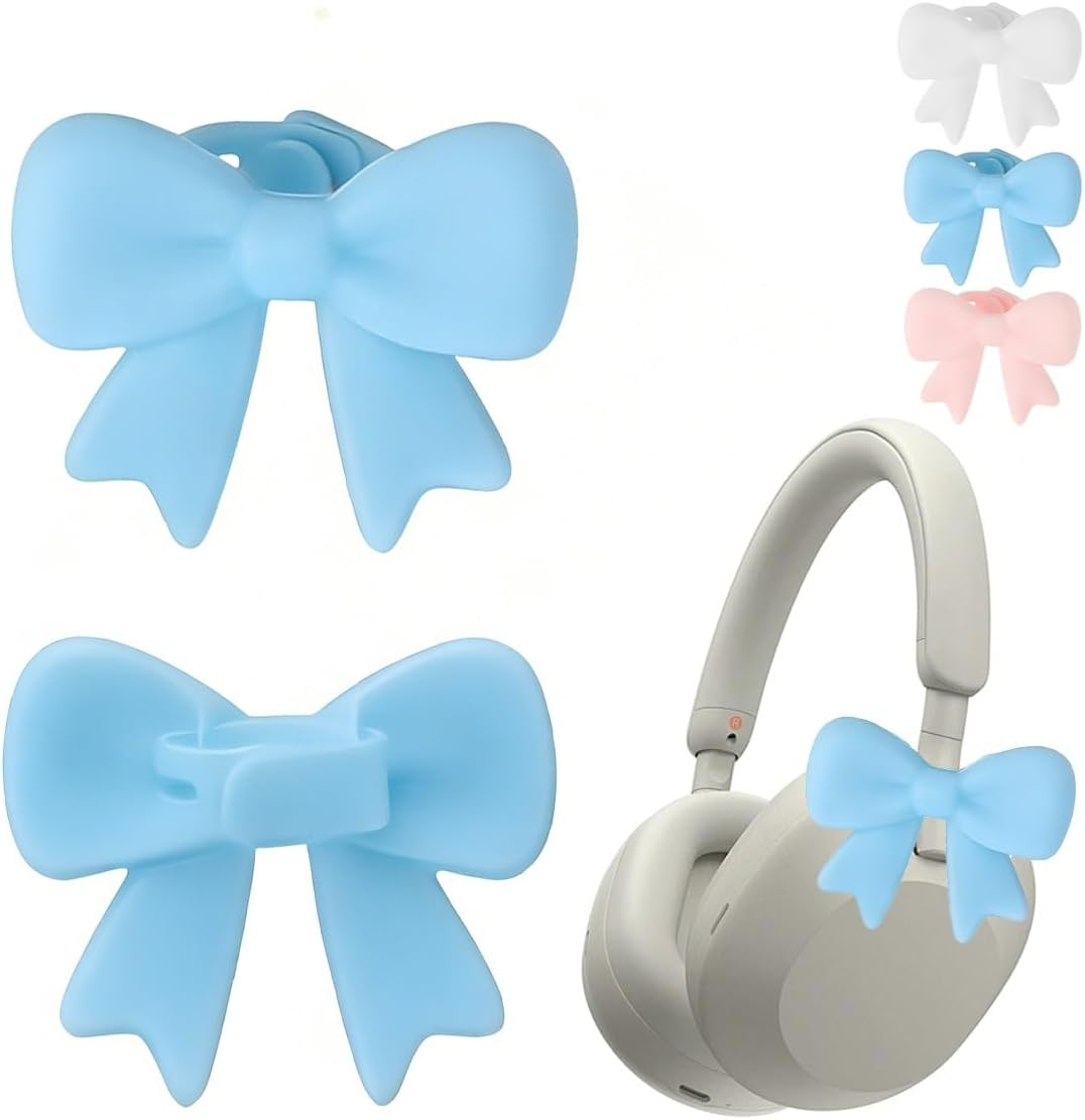 Bow Headphone Accessories, 2 Pack Cute 3D Silicone Bows for Headsets, Clip-On Decoration for Gaming Headphones, Streamer and Gamer Women (White)