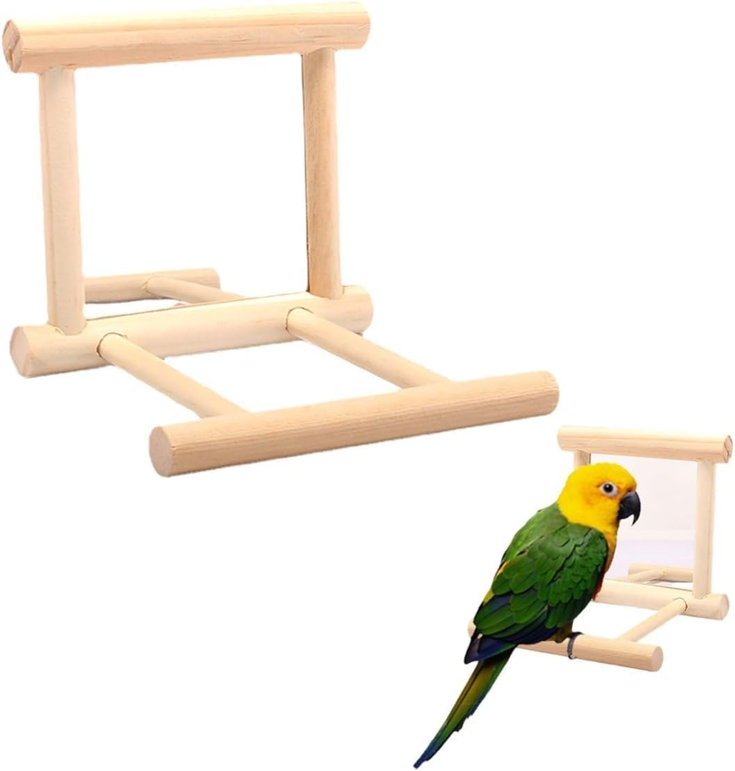 Bird Mirror for Parrots, Bird Stand, Perch with Mirror, Wooden Mirror with Landing Area, Bird Toy for African Greys, Macaw, Parakeets, Cockatiels Toy Birds image number 3