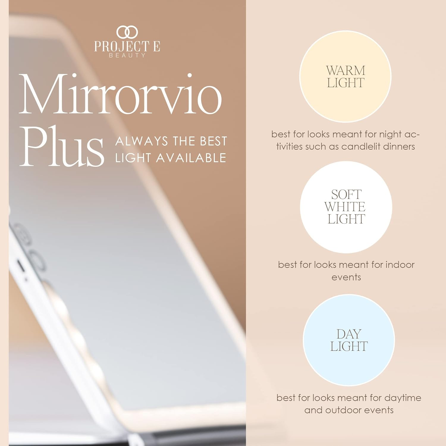 Project E Beauty Mirrorvio plus LED Travel Mirror Lighted Makeup Mirror with 1X 3X 5X Magnification | Rechargeable Vanity Mirror for Desk | 3 Lighting Modes | (1X 3X 5X Magnification) image number 1