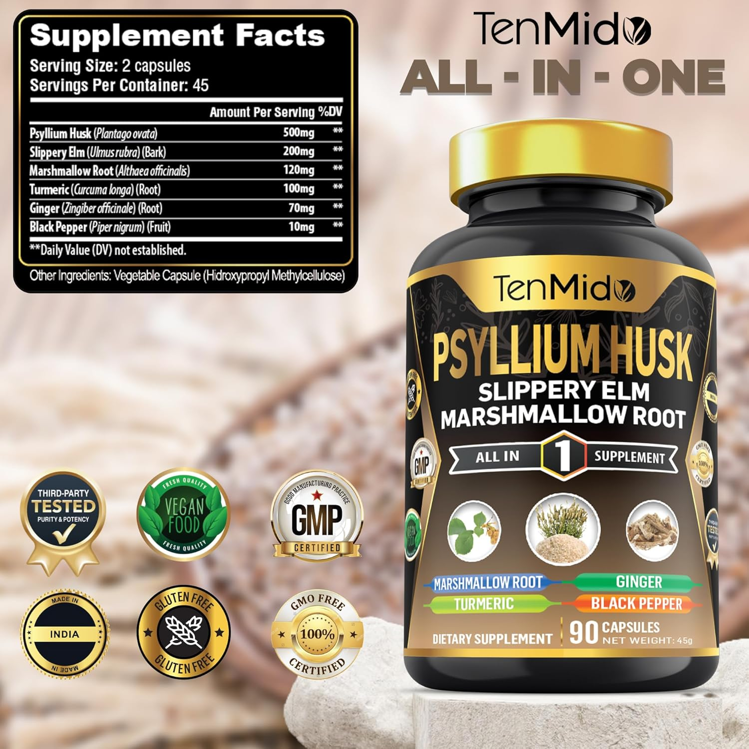 Tenmido Psyllium Husk Supplements - 6In1 with Slippery Elm, Marshmallow Root, Turmeric, Ginger & Black Pepper - Digestive Health - 90 Vegan & Non-Gmo Capsules image number 3