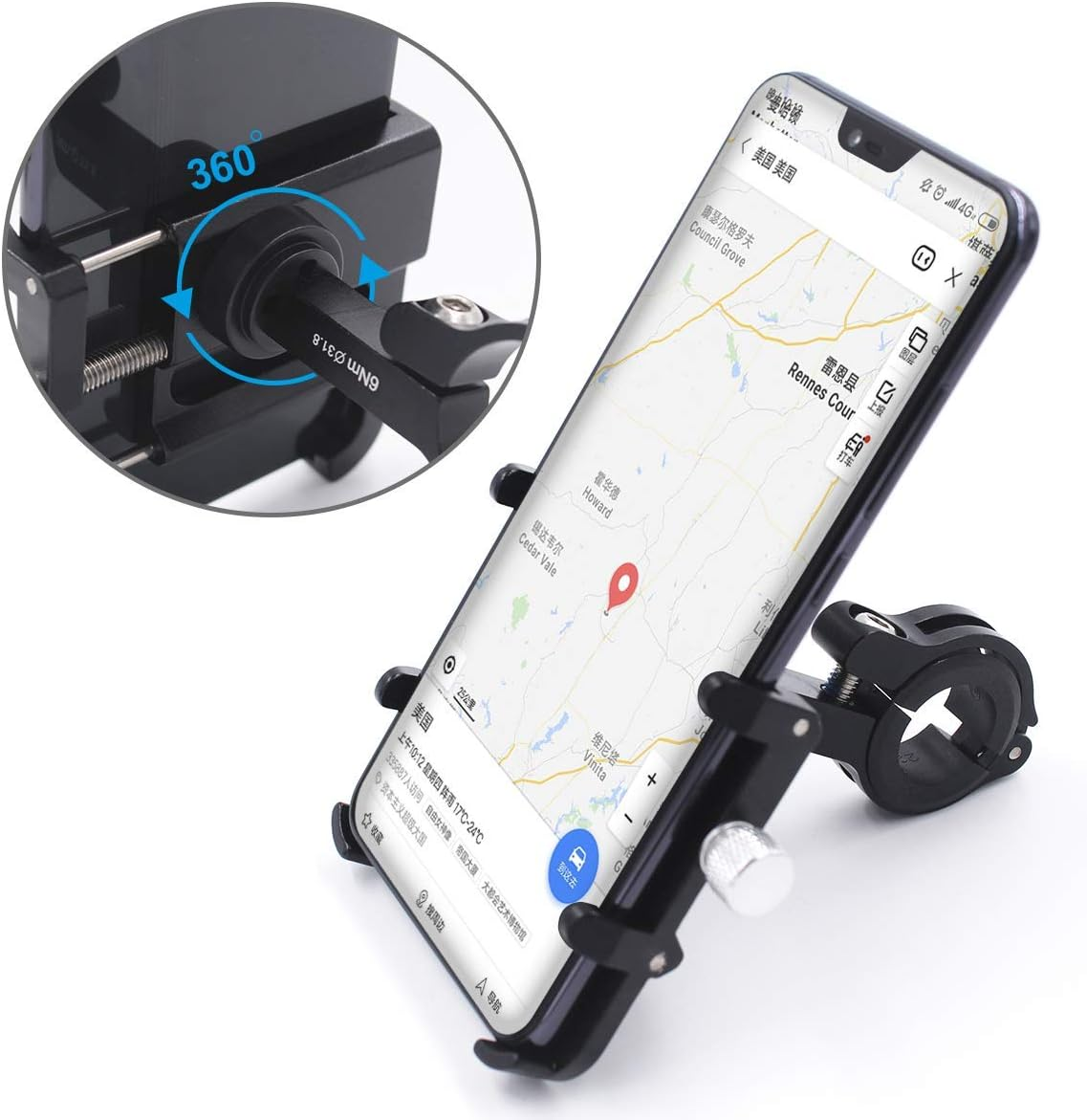 Bicycle & Motorcycle Cell Phone Mount, Aluminum Alloy Bike Mobile Phone Holder with 360&deg; Rotation Adjustable for Iphone X 6 6S 7 7S 8 Plus, Samsung S7/S6/S5/Note 5/4 GPS Mount 4 to 6 Inch (Black) image number 4