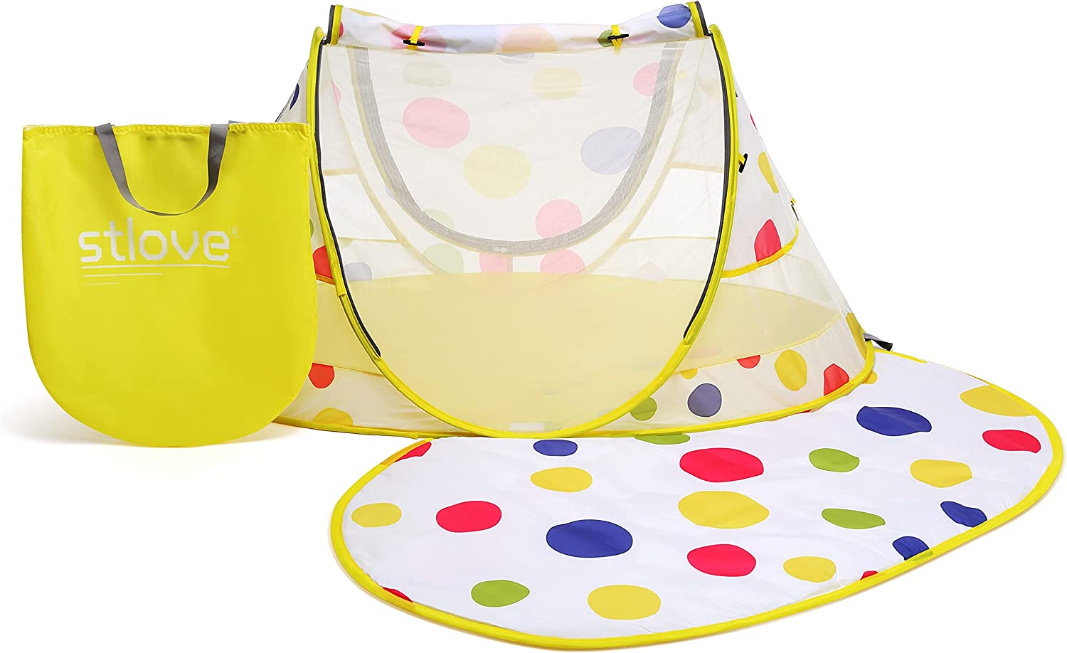 Stlove Travel Cot Foldable Pop up Portable Ultralight Weight Baby Beach Tent Infant Crib Mosquito Net Travel Bed Include Blanket Prevent Urine Penetration Peach Skin Velvet 111 * 68.5 * 49Cm Yellow image number 2