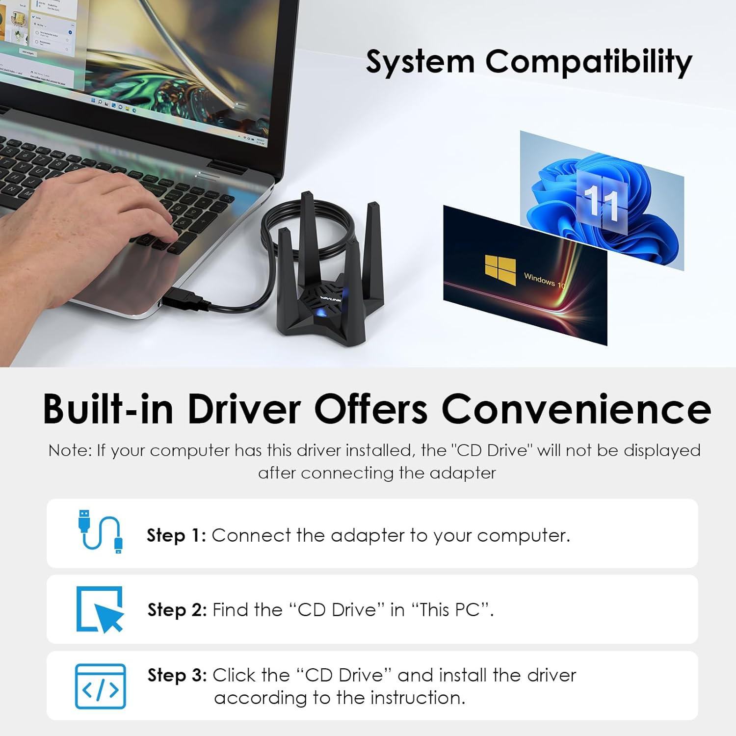 WAVLINK AX1800 USB Wifi Adapter for Desktop PC, USB Wifi 6 Dongle Dual Band 2.4G 574Mbps+5G 1201Mbps, MU-MIMO, Beamforming, WPA3 Security, 4X3Dbi Antennas, Windows 11/10 Supported image number 4