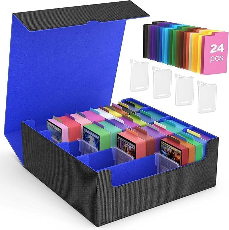 Trading Card Storage Box - 2400+ MTG Deck Box with 24 Colorful Dividers & 4 Card Supporters. Fits for Magic Game Cards, Yugioh, TCG, PTG and Sport Cards, Black Blue. image number 1