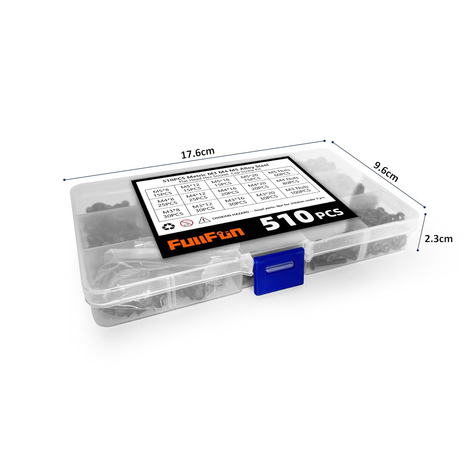 Fullfun 510PCS M3 M4 M5 Hex Socket Flat Head Screw Bolts Nuts Assortment Kit, Alloy Steel Metric Screws with 3PCS Allen Wrenches, Allen Socket Hex Drive Black Machine Screws Set