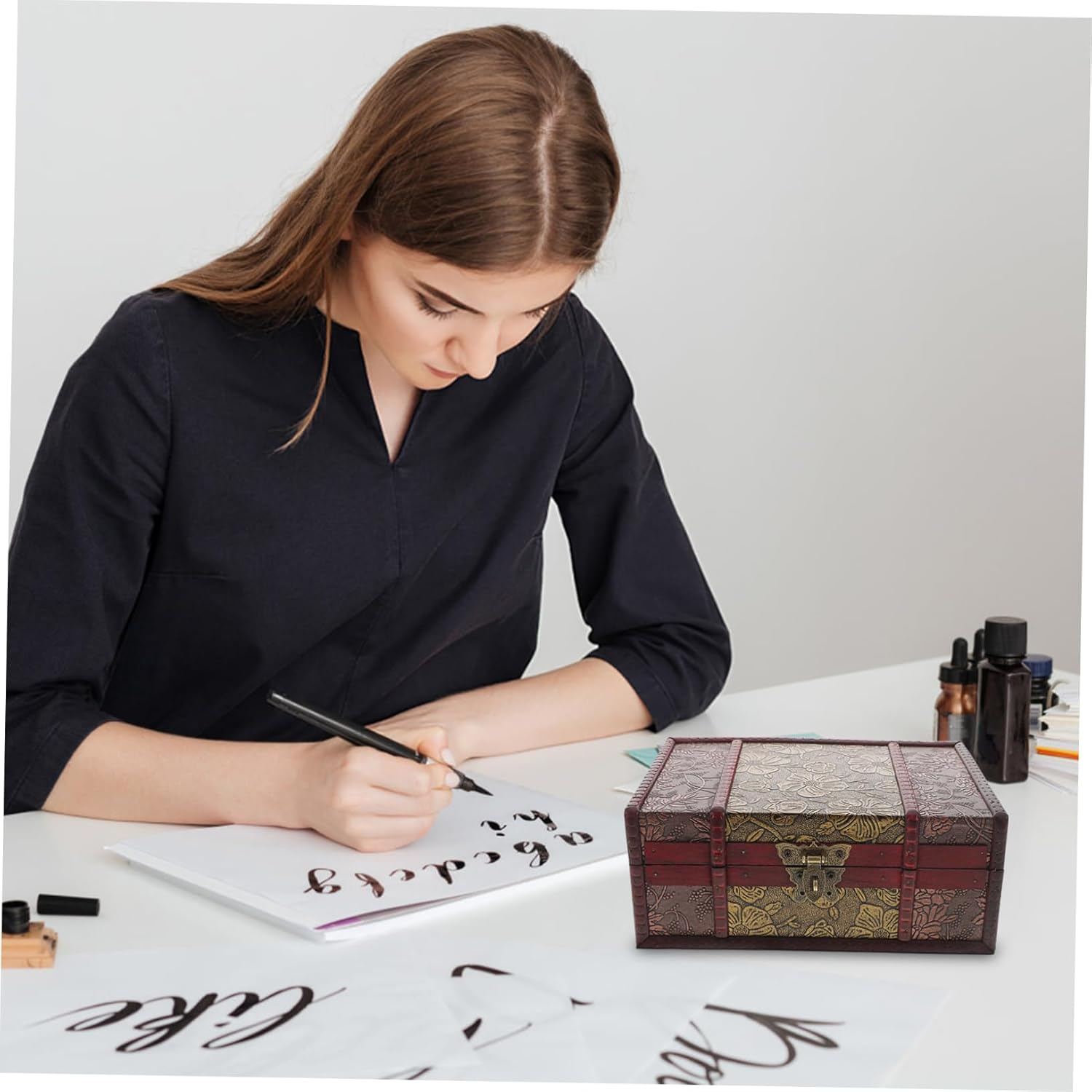 Wood Bible Box Lock Small Antique Wooden Book Storage Case Vintage Keepsake Jewelry Organizer Decorative Bible Storage Container for Desktop image number 1