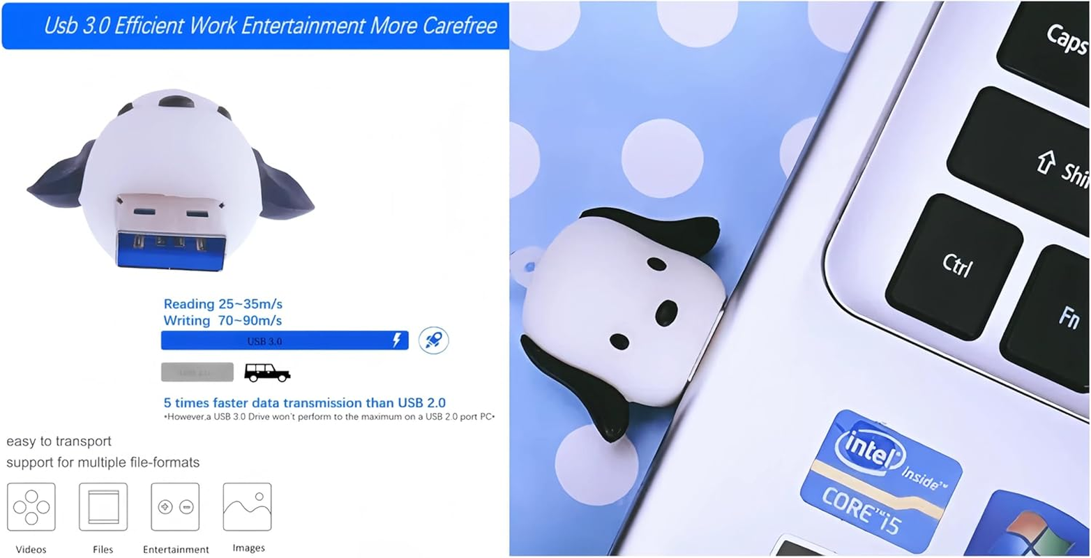 128GB USB 3.0 Flash Drive Puppy Dog Shape Thumb Drive Zip Drive Cartoon USB Stick Cute Lovely Memory Stick Animal Jump Drive High Speed Pen Drive Data Storage with Jewelry Bag Gift