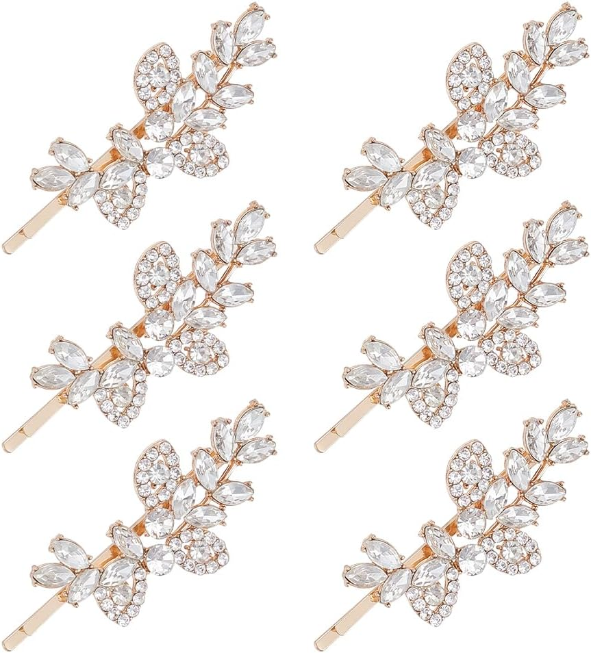 GOMAKERER 6 Pcs Rhinestone Leaf Hair Clips, Golden Bridal Hair Barrette Rhinestone Wedding Clips Decorative Diamante Accessories for Women Wedding Gift image number 4