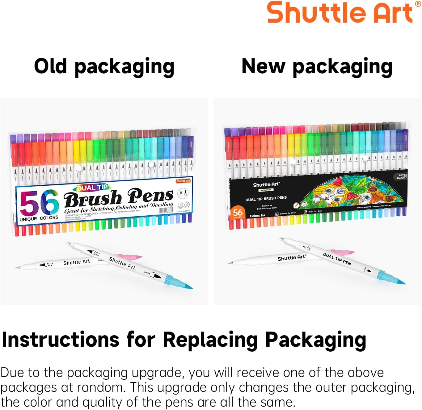 Shuttle Art Dual Tip Brush Pens, 56 Colours Brush Tip Drawing Markers with 0.4Mm Fineliner Markers Pens Set for Kids Adult Artist Calligraphy Hand Lettering Journal Doodling Writing image number 1
