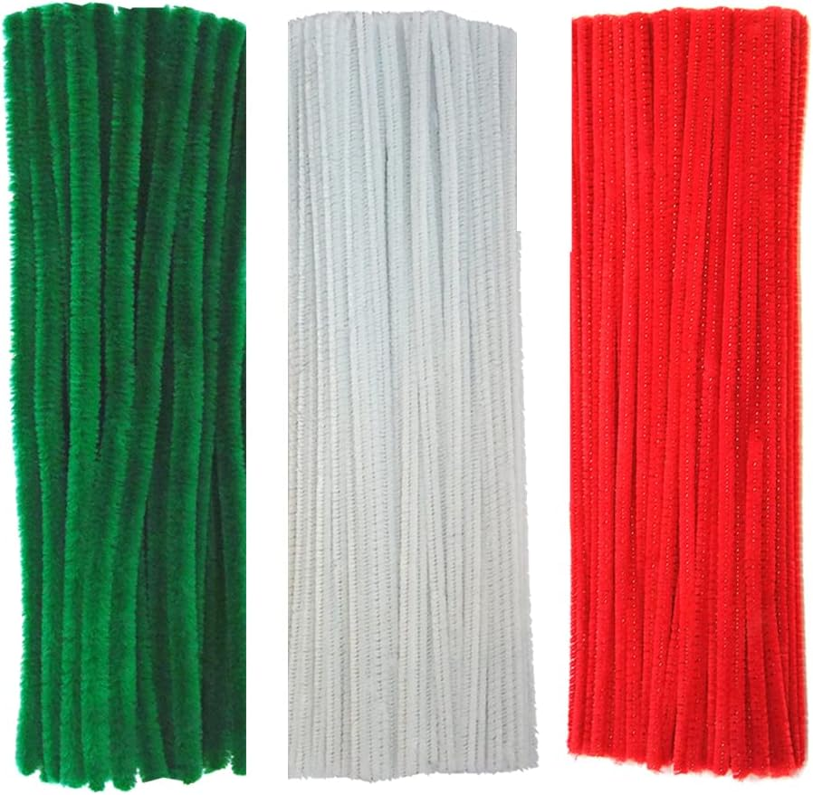 150Pcs Christmas Pipe Cleaners Craft Set Including 50Pcs Green Chenille Stems, 50Pcs White Chenille Stems, and 50Pcs Red Pipe Cleaners for DIY Crafts Christmas Decorations (150Pcs Red White Green) image number 1