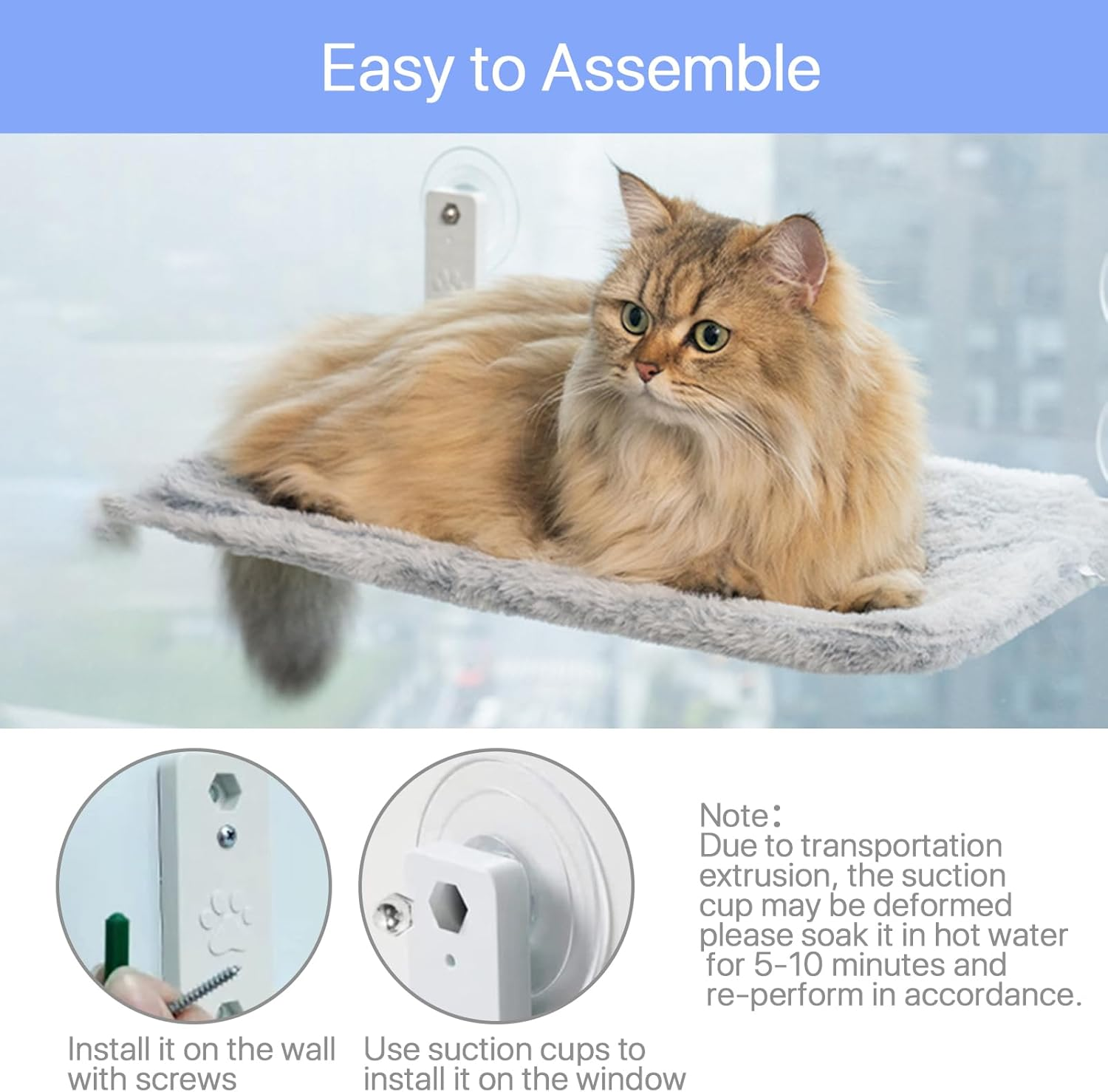 Cat Window Perch, Cordless Cat Window Hammock Bed, Solid Metal Frame, with 4 Strong Suction Cups, Foldable Cat Seat for Indoor Cats Sunbathing, Napping & Overlooking image number 1