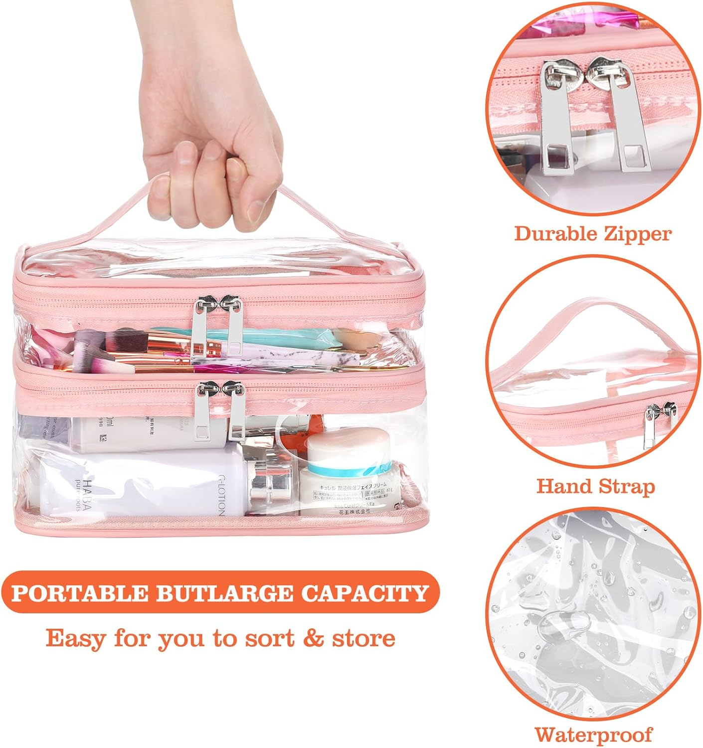 HAOGUAGUA Double Layer Clear Cosmetic Bag Makeup Bag, Waterproof Travel Toiletry Bag, Transparent PVC Pouch Organizer, Pink Large, Double Layer Clear Cosmetic Bag - Black-Large image number 7