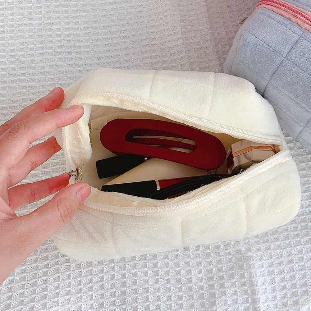 Cessfle Checkered Plush Makeup Bag Small Cosmetic Bag, Puffy Cute Makeup Bag for Purse Solid Color White Makeup Pouch with Zipper Makeup Brushes Storage Bag, 1Pc-White image number 3