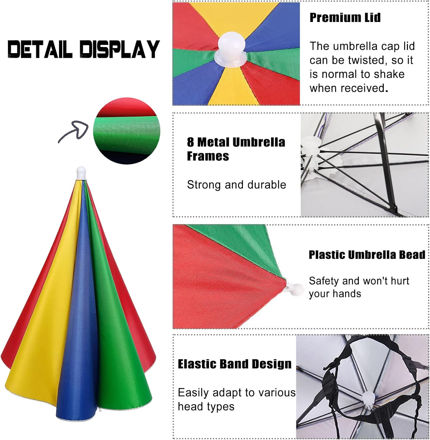 MUFEKUM 4 Pack Umbrella Hats, 20.5" Hands-Free Head Umbrella Hats for Kids, Folding Waterproof Umbrella Cap with Head Strap for Outdoor Party, Fishing, Sun, Rain, Beach, Golf, Hiking - 26.4"-4 Colors image number 6