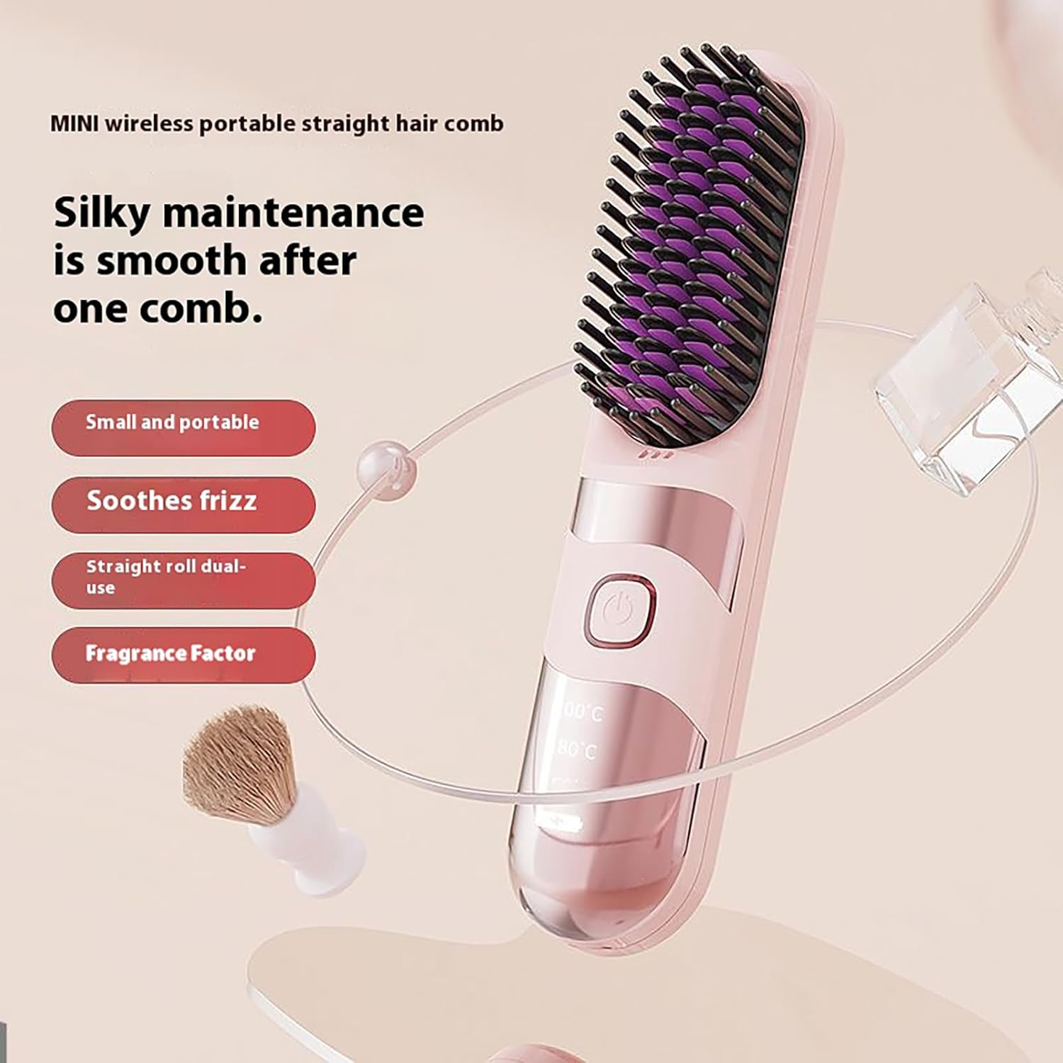 Uoqpty Small Hair Straightener - Electric Curler Brush,2-In-1 Portable Cordless Hair Straightener Brush with 3 Adjustable Temperature - Purple image number 4