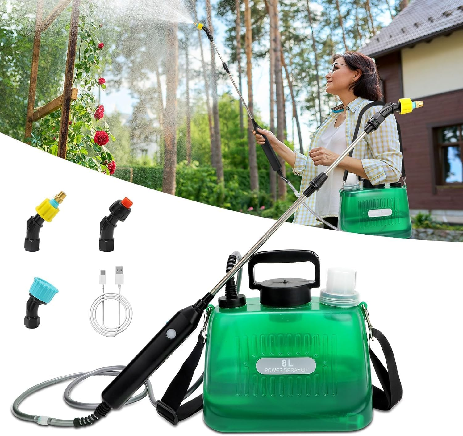 Battery Powered Sprayer, Upgraded 8L Electric Garden Sprayer, Adjustable Telescopic Wand, 3 Mist Nozzles, Shoulder Type Weed Sprayer for Yard, Lawn and Garden image number 5
