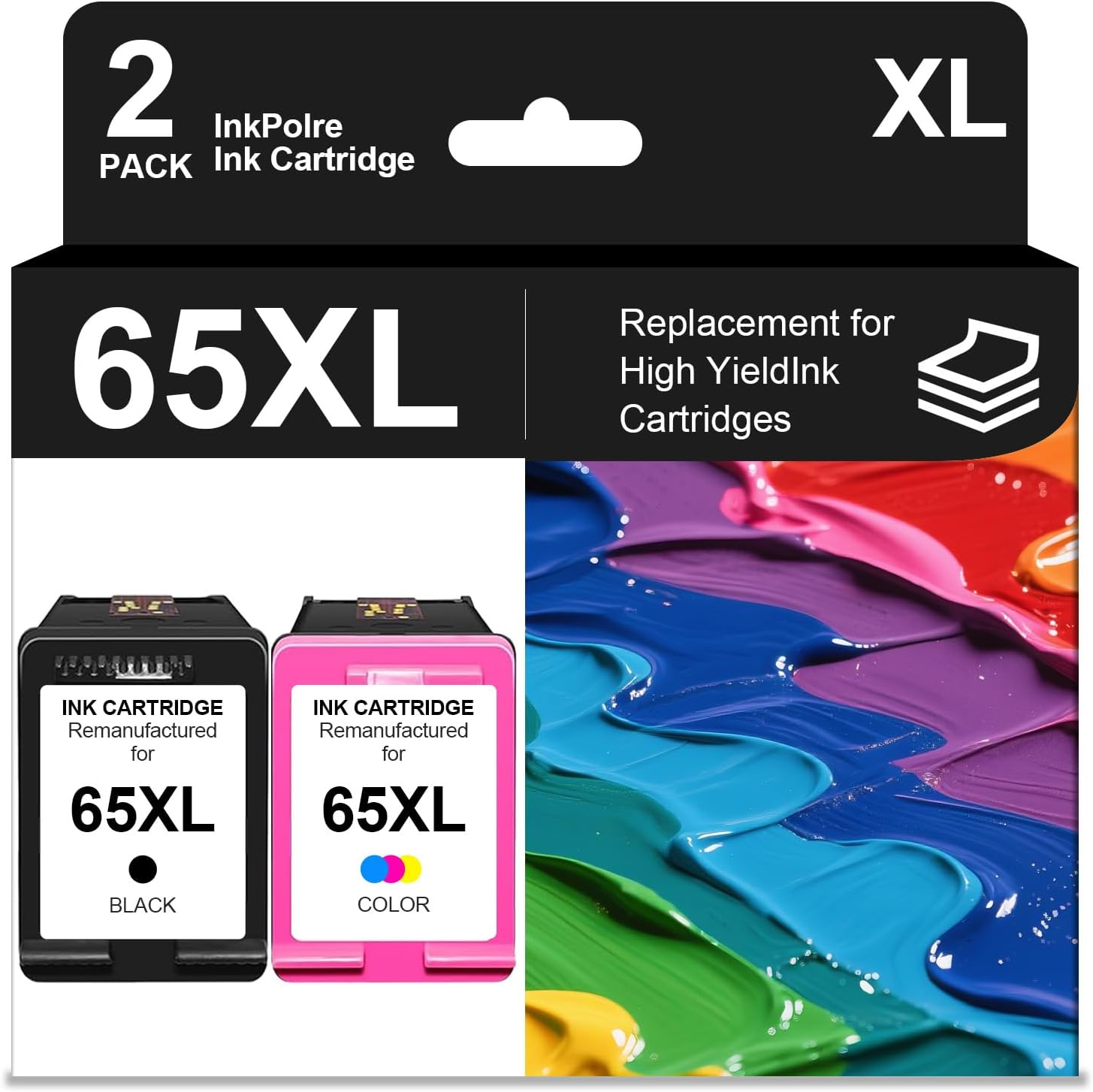 65XL Ink Cartridge Remanufactured Ink Cartridge Replacement for HP Printer Ink 65 XL Ink Cartridges Black Color Combo Pack for HP 3752 3755 2655 3758 2652 5055 Printer(1 Black 1 Tri-Color 2 Packs) image number 2