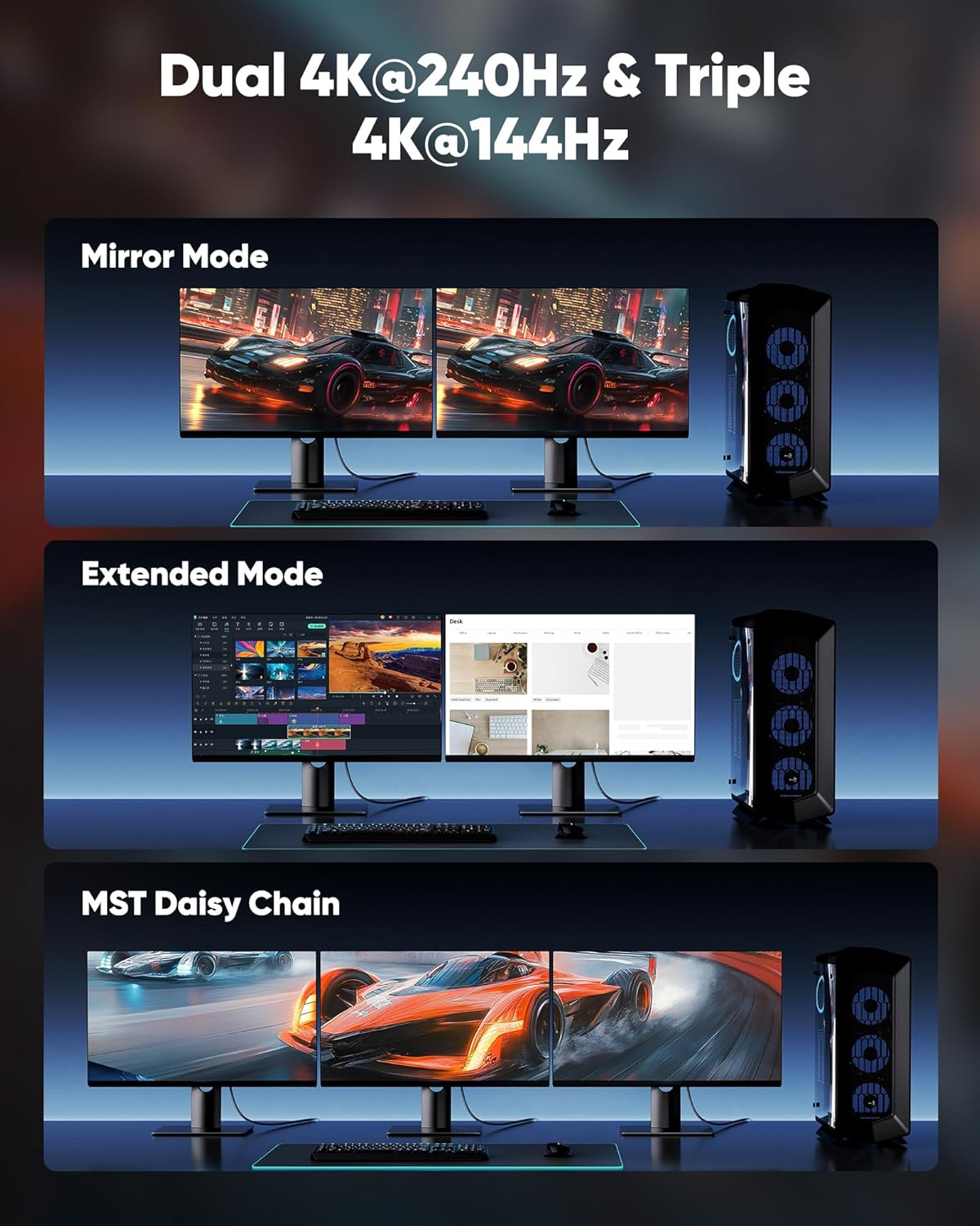 Highwings 80Gbps Displayport Cable 2.1 2M 16K 60Hz 8K 120Hz 4K 240Hz Dp 2.1 Cable 16K Braided Cord Compatible Gaming Monitor 4090 AMD 7900Xtx Black image number 4