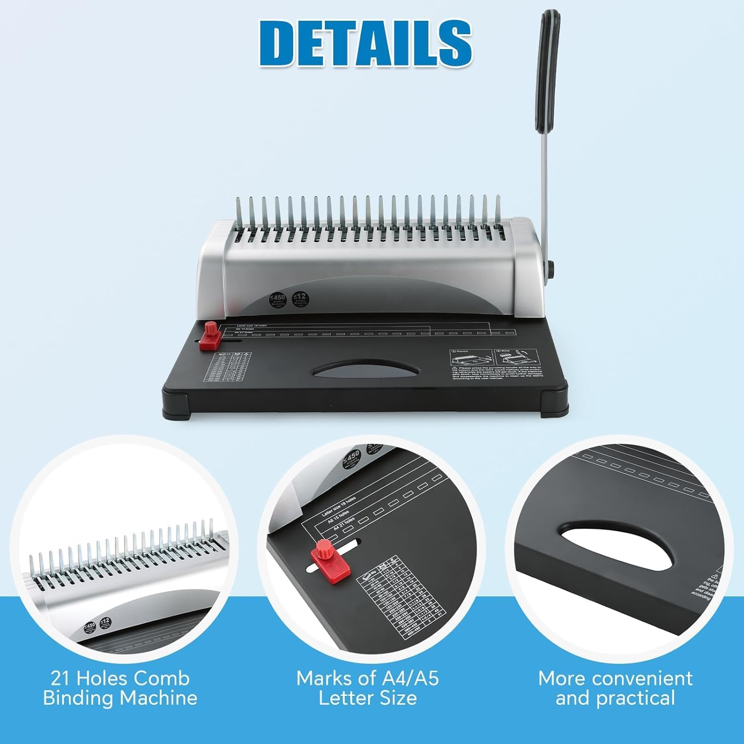 PANTREE Comb Binding Machine, 21 Holes 450 Sheets Coil Binding Machine Includes 100 PCS Rubber Ring, Punches 12 Sheets, Fits Letter Size, A4, A5 or Smaller Sizes (White) image number 4