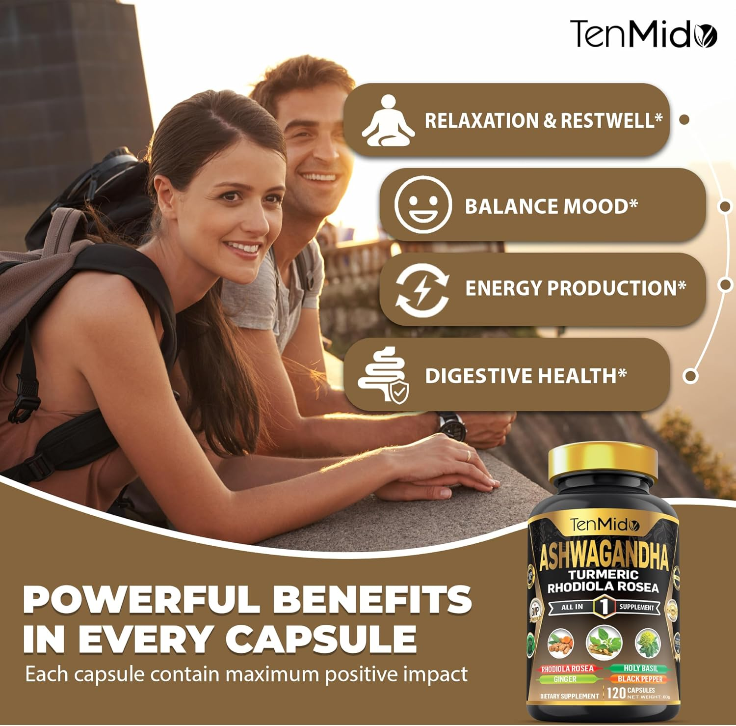 Tenmido Ashwagandha Supplements - 6In1 with Turmeric, Rhodiola, Ginger, Holy Basil & Black Pepper - 120 Vegan & Non-Gmo Capsules image number 2