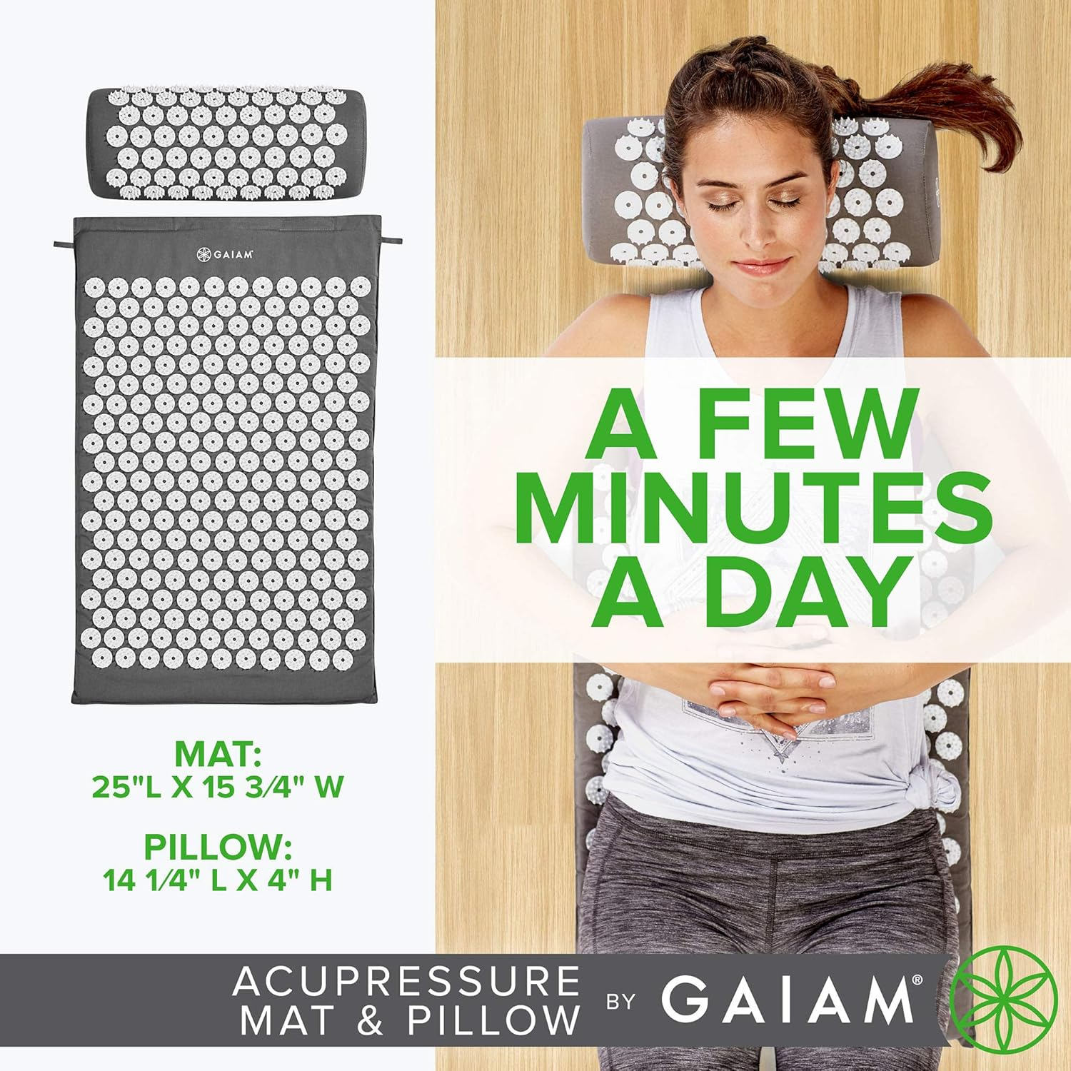Gaiam Acupressure Mat and Pillow Set, Acupuncture Style Massage Mat & Pillow, Relief for Sciatic Nerve, Muscle Tension, Fibromyalgia, Neck, Shoulder & Back Pain, Migraine & Headaches and Insomnia Grey image number 2