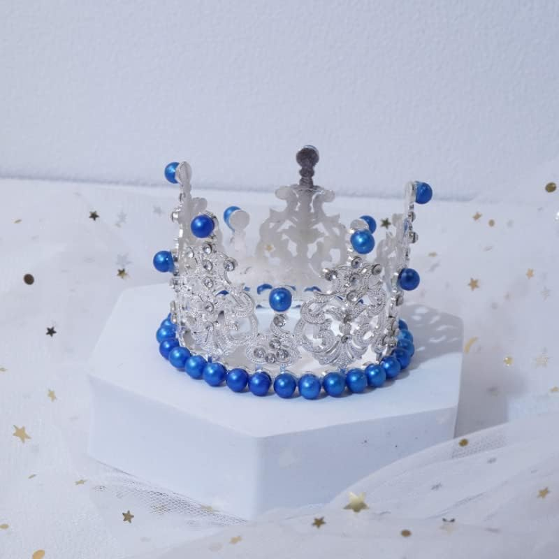 Women Girls Retro Man-Made Pearl Crown Bride Tiara Cake Topper Decoration for Party Wedding Birthday (Blue)