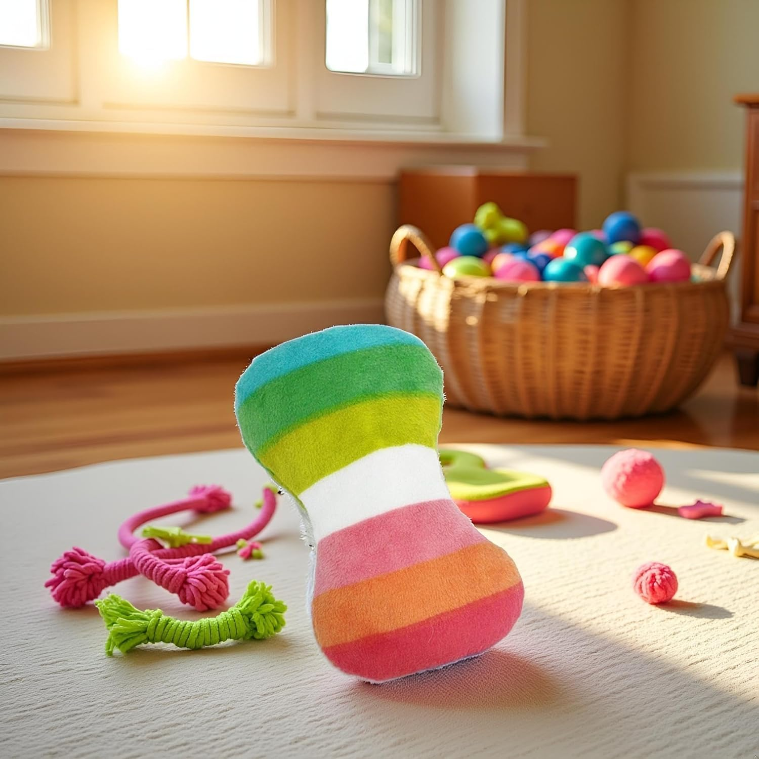 2Pcs Dog Plush Vocal Rainbow Dog Bone-Shape Chewing Pet Supplies for Pet Playing Use Adorable Quality and Practical Attractive and Professional Bone with Puncture Resistant Squeaker, Chew image number 3