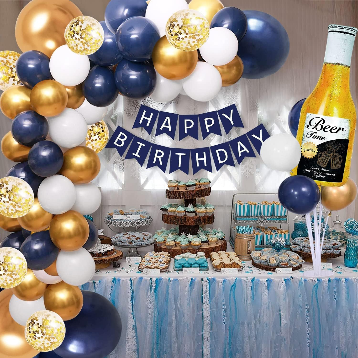 Navy Blue Gold Birthday Party Decorations for Men Women Boys Girls with HAPPY BIRTHDAY Banner, Crown Balloons,Corona Foil Balloons ,Balloon Garland Kit image number 1