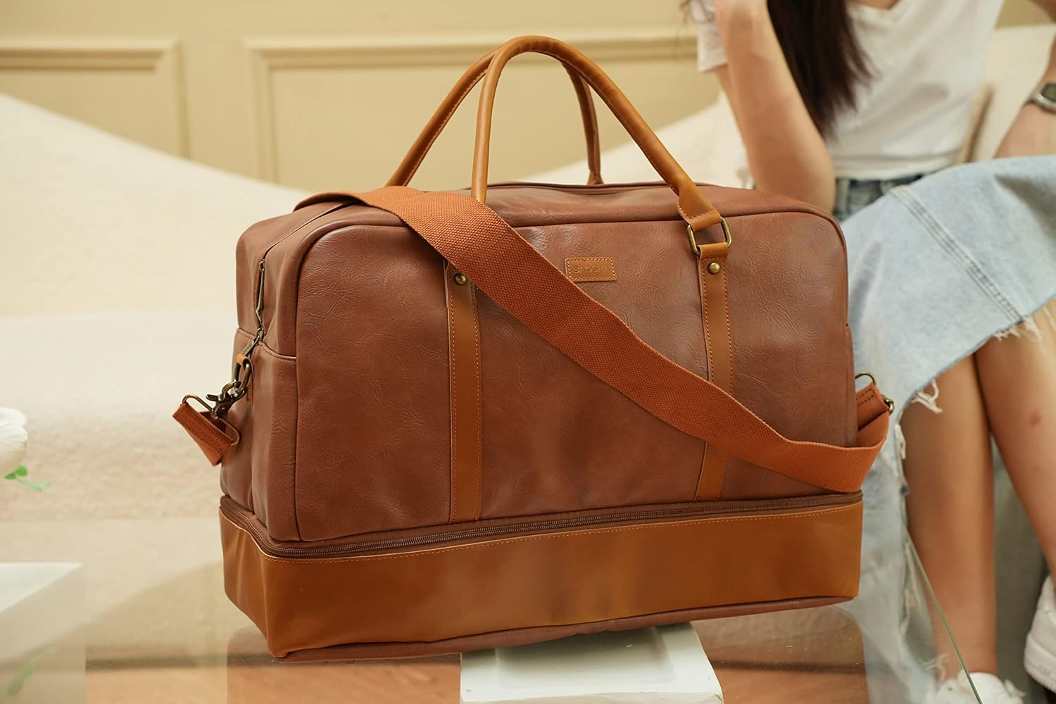 BAOSHA Leather Large Travel Duffel Tote Bag Carry on Weekender Overnight Bag with Shoe Compartment HB-38 - Brown image number 6