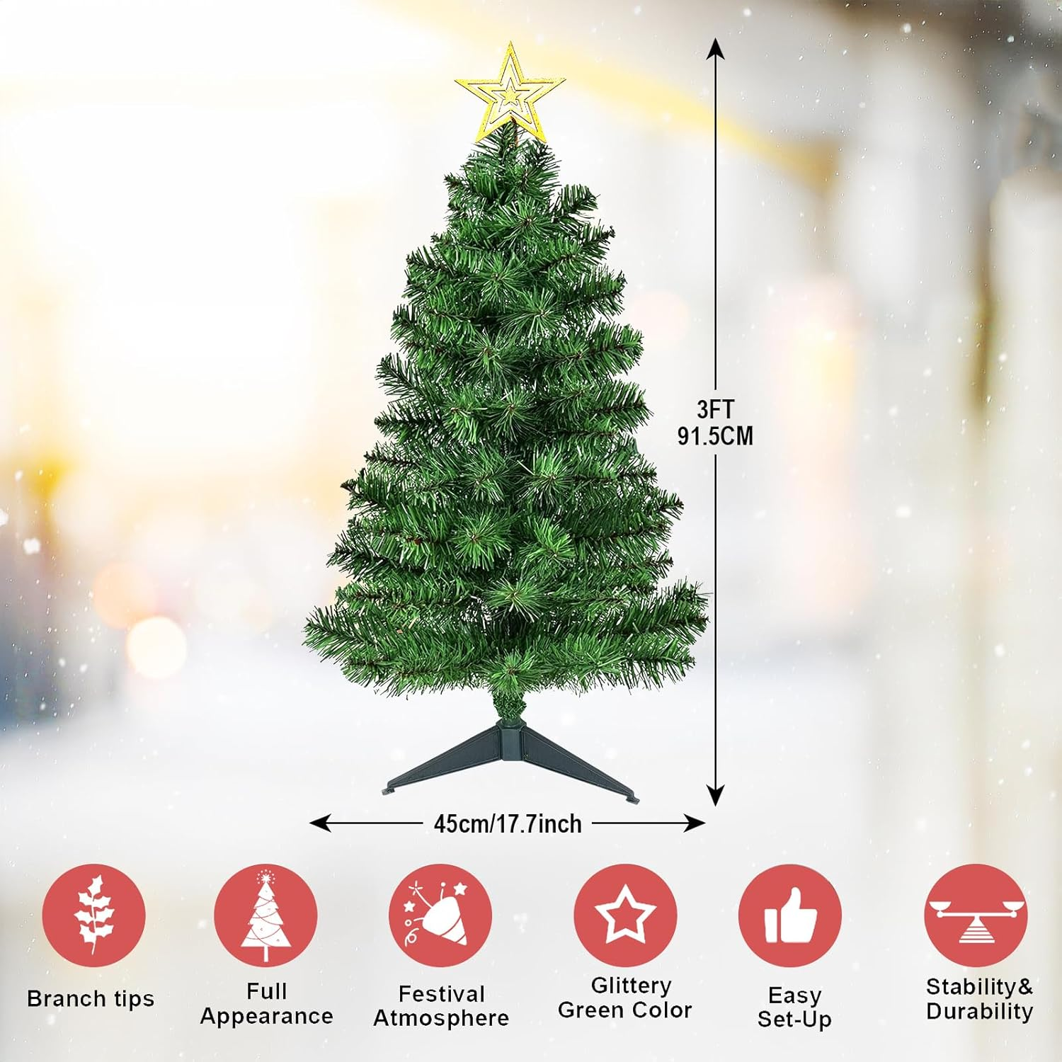 3FT Premium Hinged Artificial Holiday Small Mini Christmas Tree for Tabletop,Home, Office, Indoor and Outdoor Holiday Decoration,Easy Assembly Metal Hinges & Foldable Base image number 3
