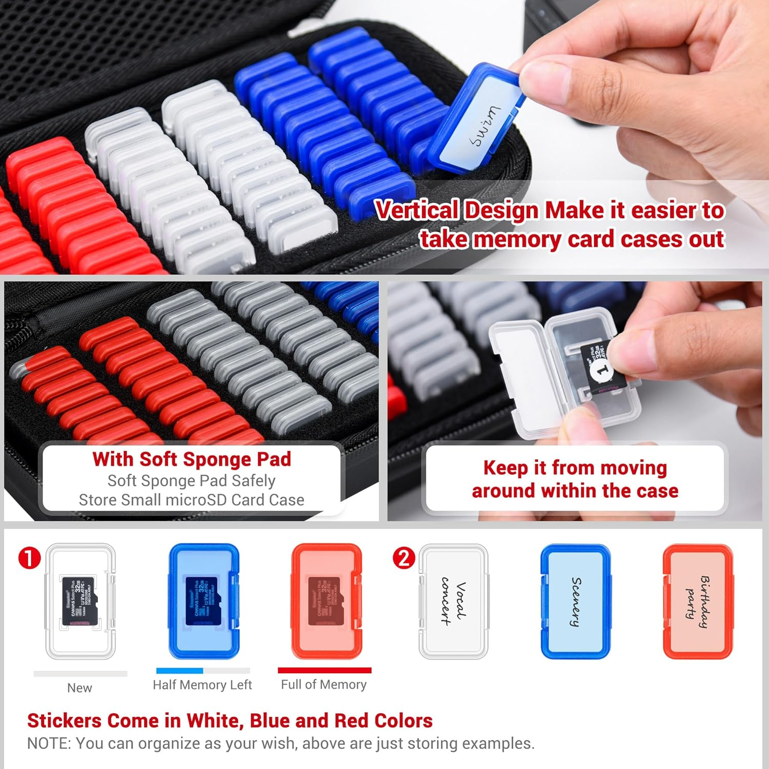 EVA PU Micro SD Card Case with 60 Individual Plastic TF Card Holders - Water-Resistant, Anti-Shock Carrying Organizer with Handle & Label image number 6