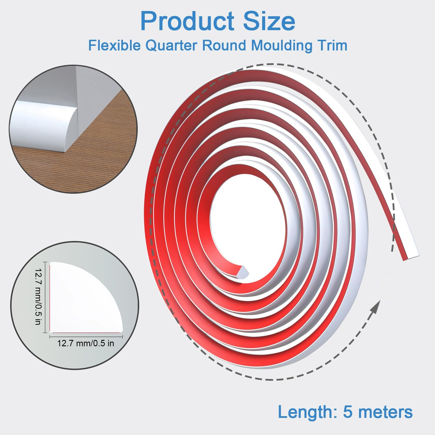 5 Meters Floor Edge Trim Self-Adhesive, Moulding Trim Flexible Quarter Round, PVC Corner Trim, Peel and Stick Wall Moulding Panel Frame for Wall Corner, Skirting Board, Ceiling, Floor (White)