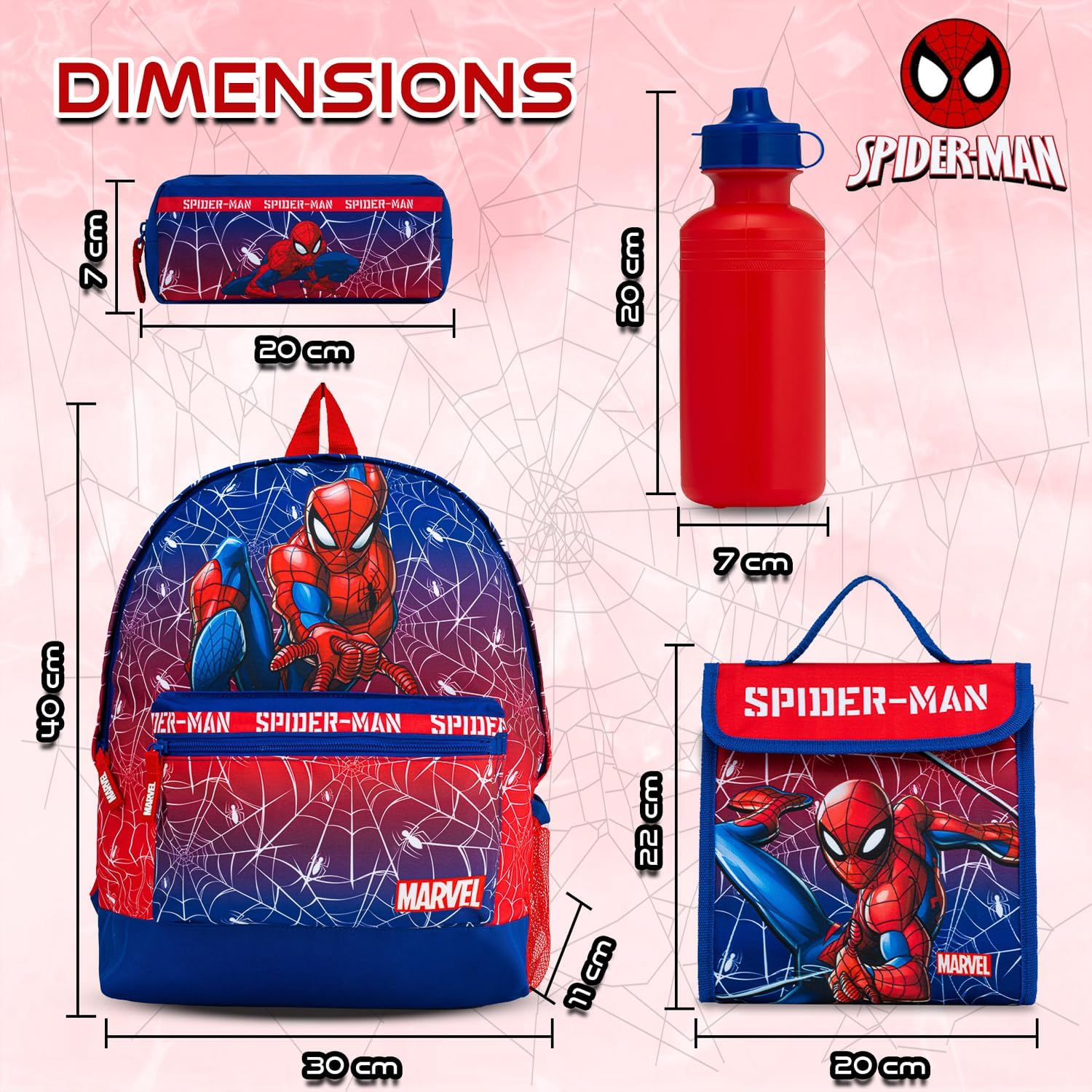 Marvel Spiderman Backpack 4 Piece School Set with Lunch Bag, Pencil Case & Water Bottle | Boys Rucksack with Padded Adjustable Straps &ndash; School Supplies