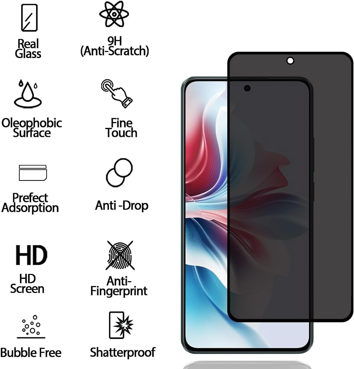 Privacy Screen Protector for Oppo Reno11 F 5G/Reno 11 F 5G [2 Pack], Anti-Spy Tempered Glass Film, 9H Hardness, anti Scratch, anti Fingerprint, Bubble-Free, Anti-Spy Screen Protector for Oppo Reno11 F image number 3