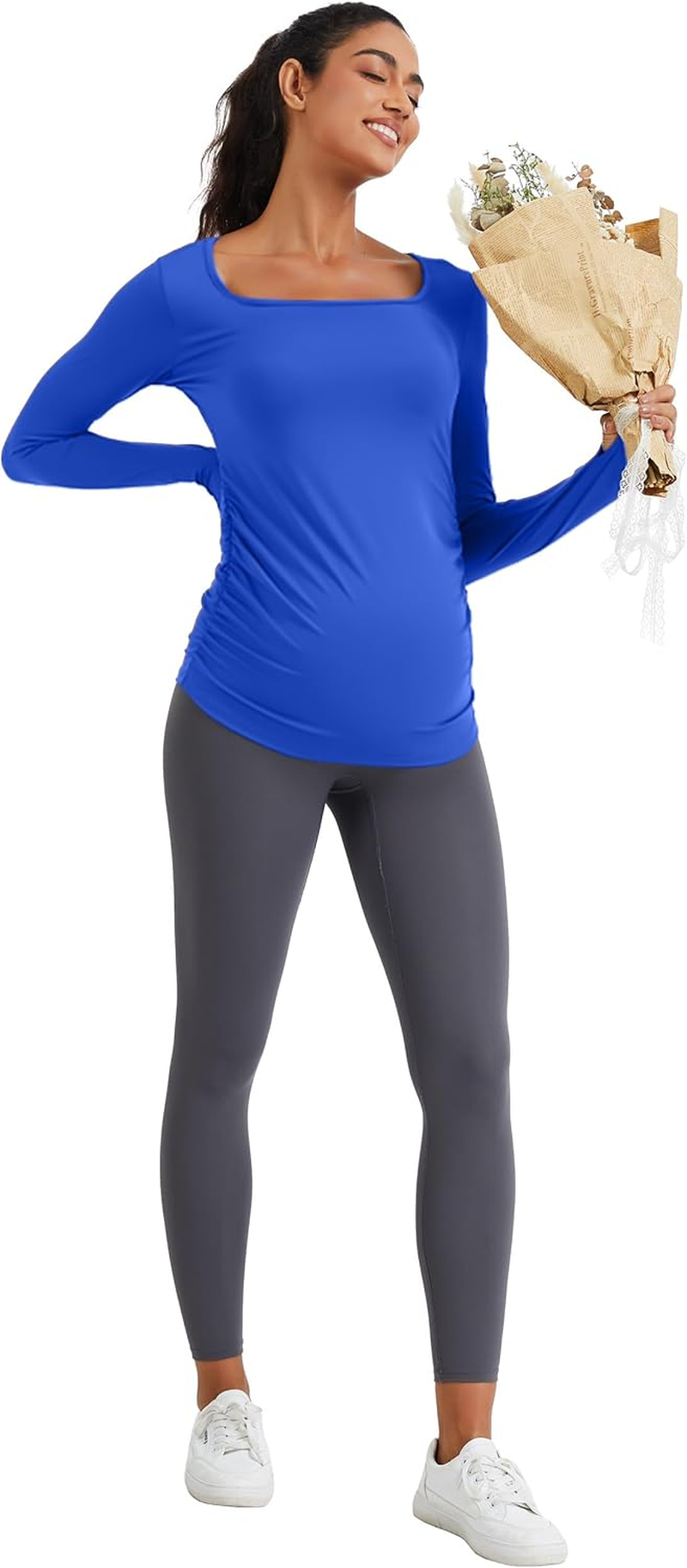 Mathcat Women'S Maternity Shirts, Long Sleeve Squar Neck Side Ruched Pregnancy Workout Tops with Thumbholes Altheltic Tee image number 3