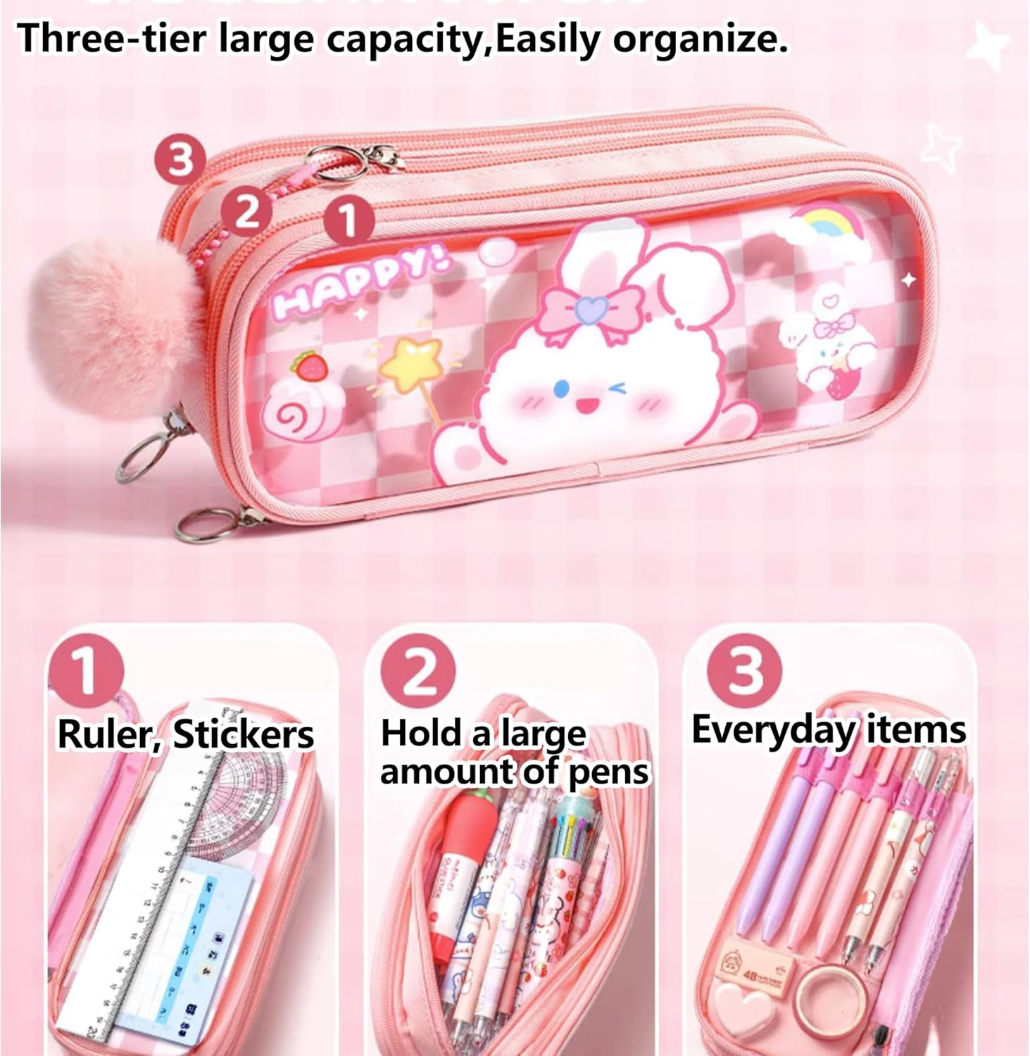 UINSUE Cute Pen Case Adorable Bunny Transparent 3-Layer Large Capacity Pencil Case Gadget Organizer with Lovely Stickers (Pink) - Purple image number 3