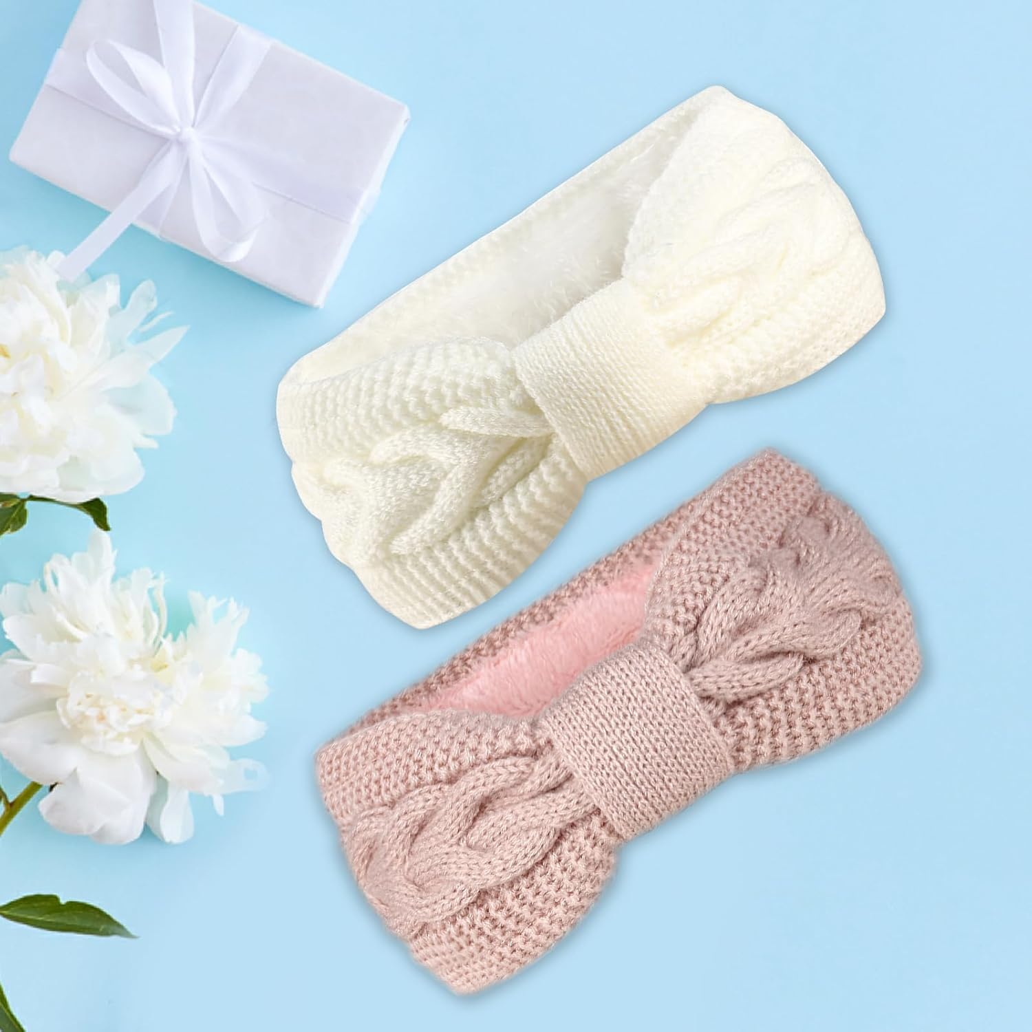 Pack of 2 Women'S Winter Headbands, Knotted Knitted Headband, Women'S Knitted Ear Warmers, Hair Band, Thick Headwrap Hair Bands, Girls Ear Warmers Headbands (White + Pink) image number 1