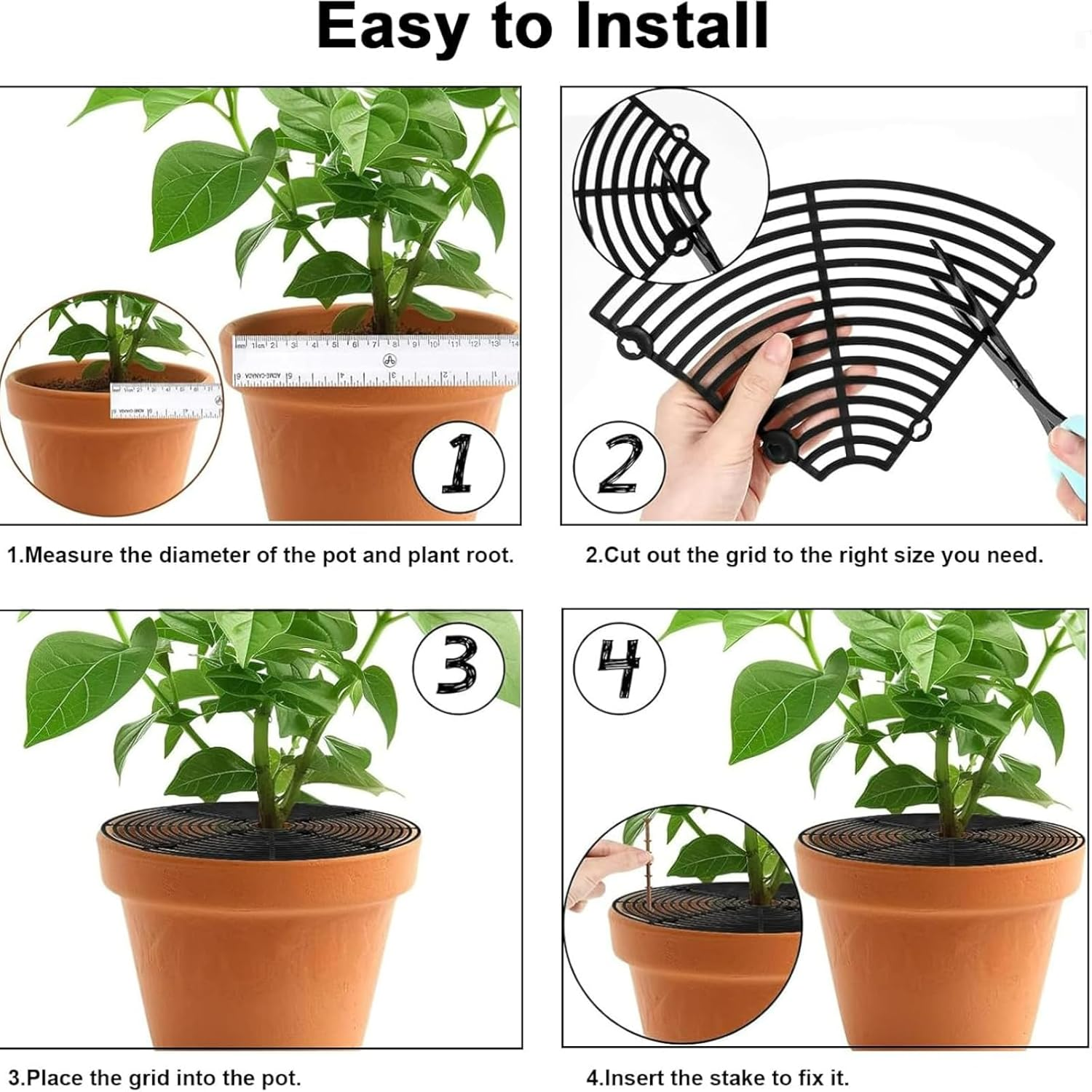 OOTSUN 4PCS Plastic Grid Plant Pot Covers, 30Cm Cuttable Flower Pot Cover with 32 Stakes for Indoor Outdoor Potted Plants for Indoor/Outdoor Potted Plants Soil Protector Grid Cover,Black image number 3