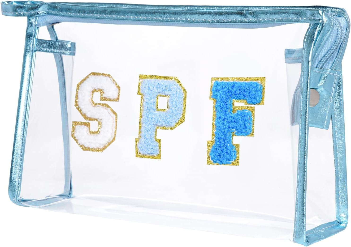 Clear Preppy Patch Makeup Bag, SPF Chenille Letter Bag for Beach, Clear Pouch with Zipper, Preppy Travel Bags Clear Cosmetic Toiletry Bag for Women Girls Teens, Blue SPF Blue