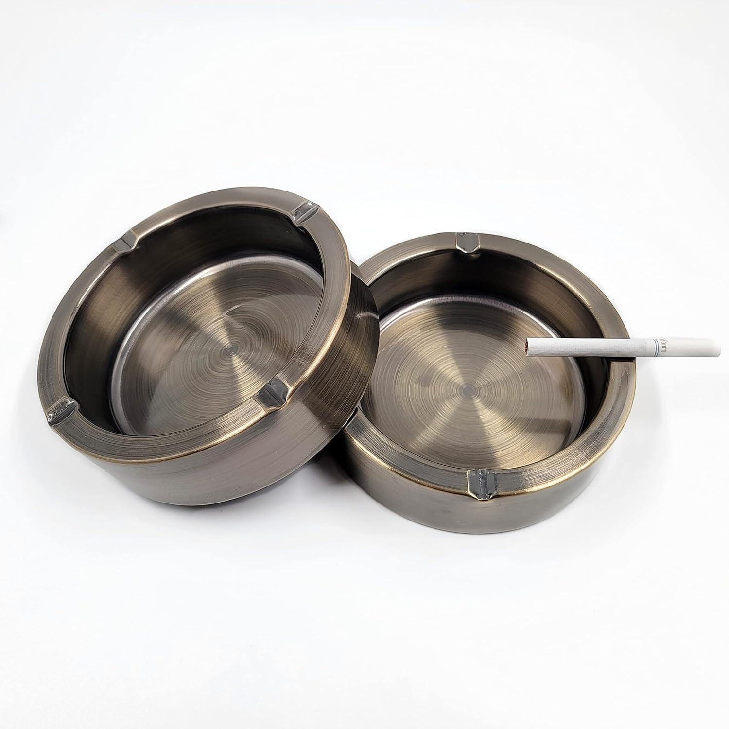 Bronze Stainless Steel round Metal Ashtray for Cigarette Cigar - Portable Home Office Patio Tabletop Countertop Ash Tray - Durable Fancy outside D&eacute;cor Hotel Restaurant Bar &hellip; (2)
