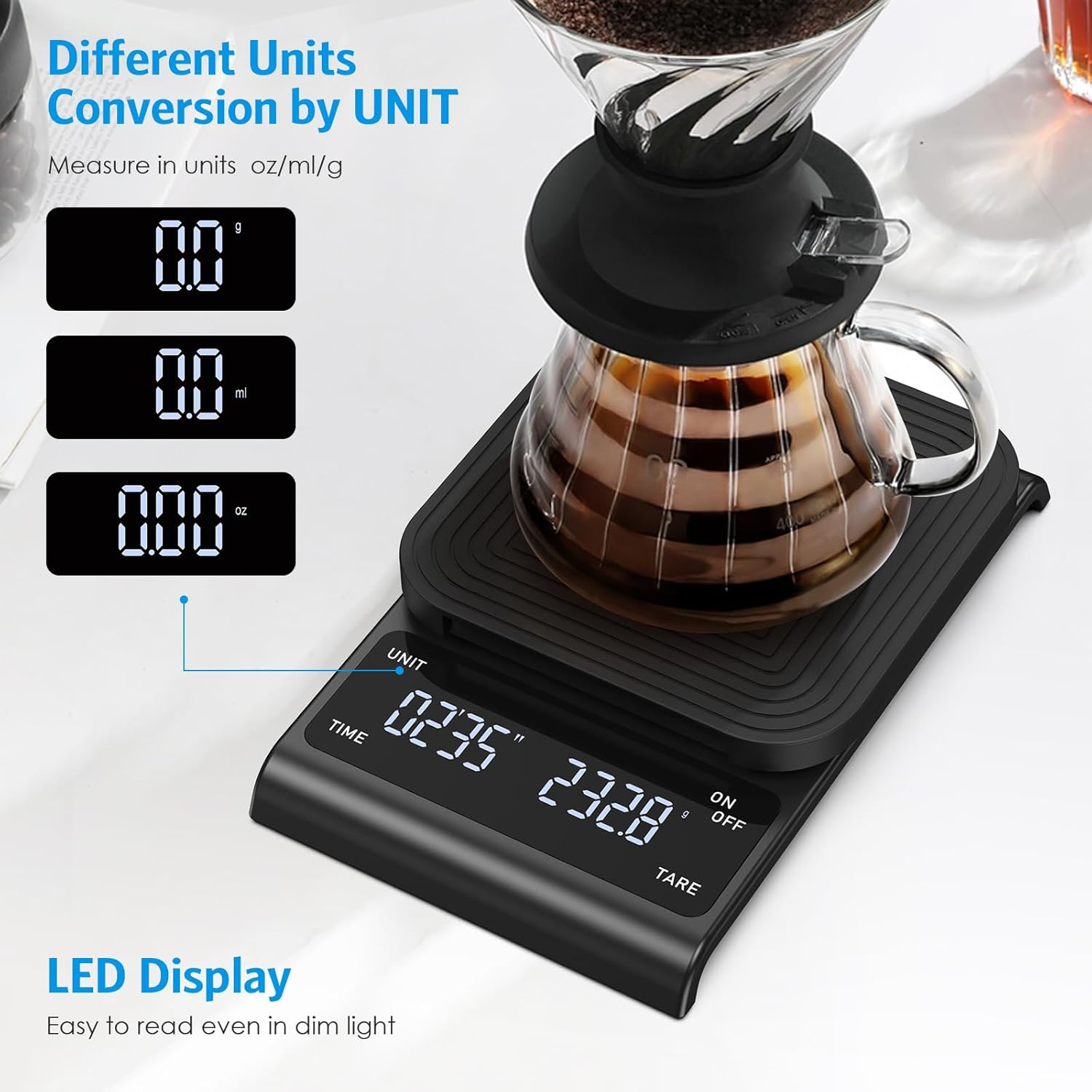 AMIR Digital Coffee Scale, 0.1G/3Kg Accurate Scale for Digital Coffee Scale with LCD Display, Coffee Scale with Timer, Silicone Non-Slip Mat, Tare Funtion, Espresso Coffee Scale for Cooking Baking image number 4
