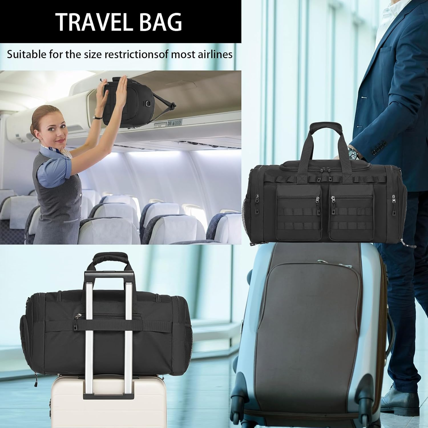 Tactical Gym Bag for Men,Carry on Duffel Bag with Shoe Compartment Gym Duffle Bags for Travel Military Duffle Bags with Molle System for Weekend Overnight Bag,Black - Classic Black image number 2