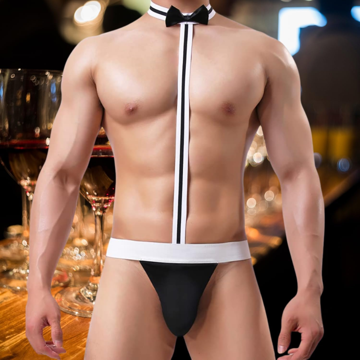 Men'S Sexy Bow Tie Bodysuit Thong Waiter Cosplay Costume, Mankini Beach Swimwear Suspender Thong Elastic G-String Butler Borat Underwear image number 1