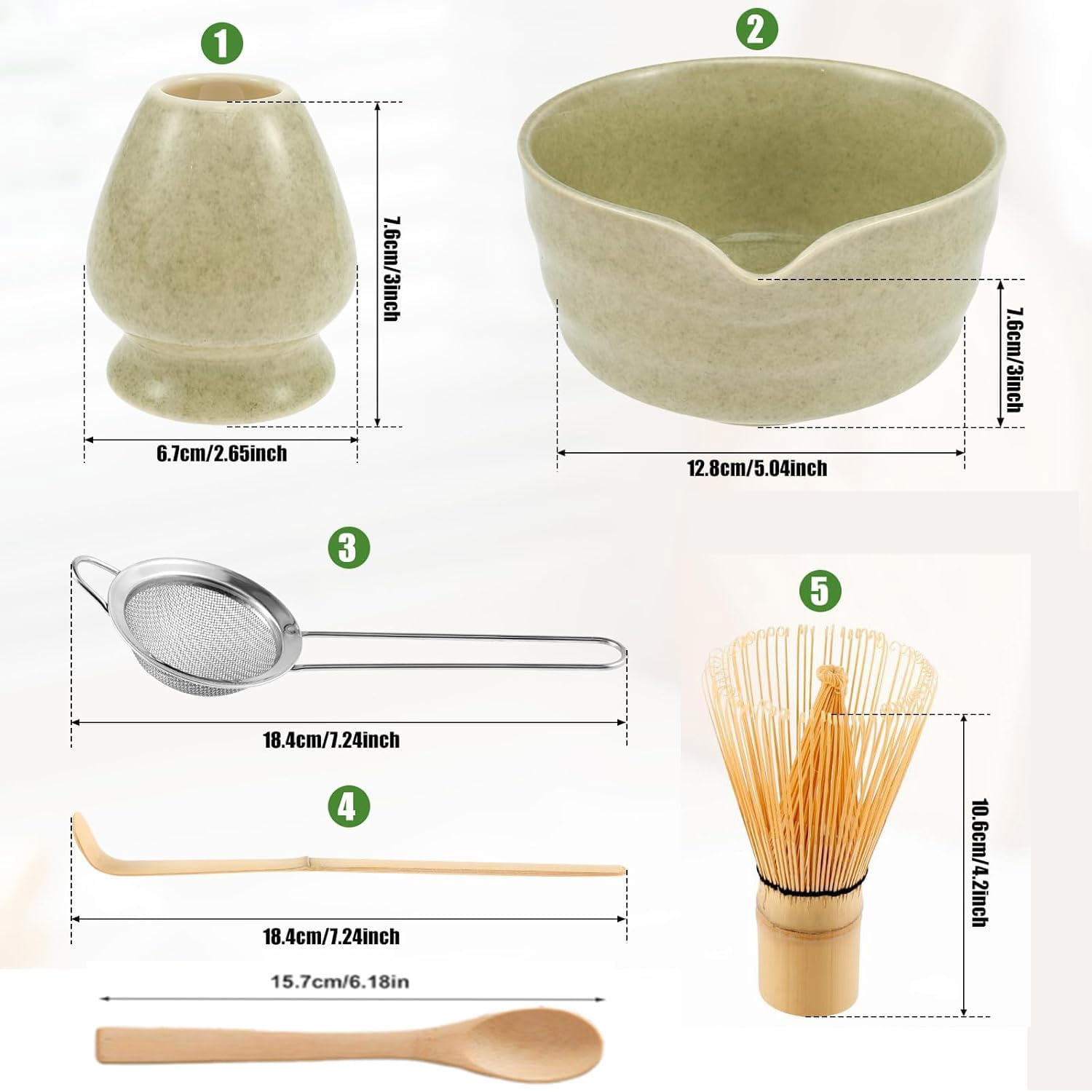 Roczential 5 Pack Matcha Whisk Set Matcha Whisk Holder Bamboo Matcha Whisk and Bowl with Spout Matcha Sifter Spoon Matcha Tea Set Kit for Matcha Tea (Matcha Color)