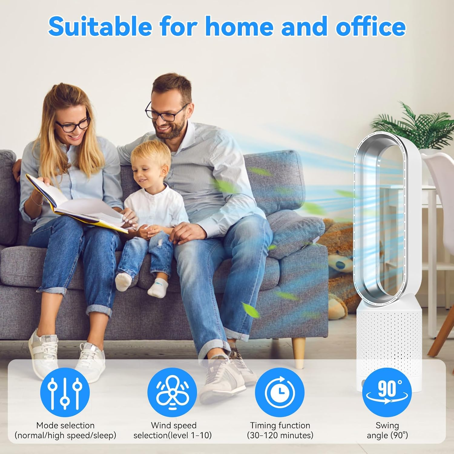 Bladeless Tower Fan with Remote, 20" Quiet Tower Fan for Bedroom, 90&deg; Oscillation & 8 Speeds, 35Db, 2H Timer, Baby-Safe, LED Display, Easy-Clean, Portable Standing Fans for Home & Office image number 6