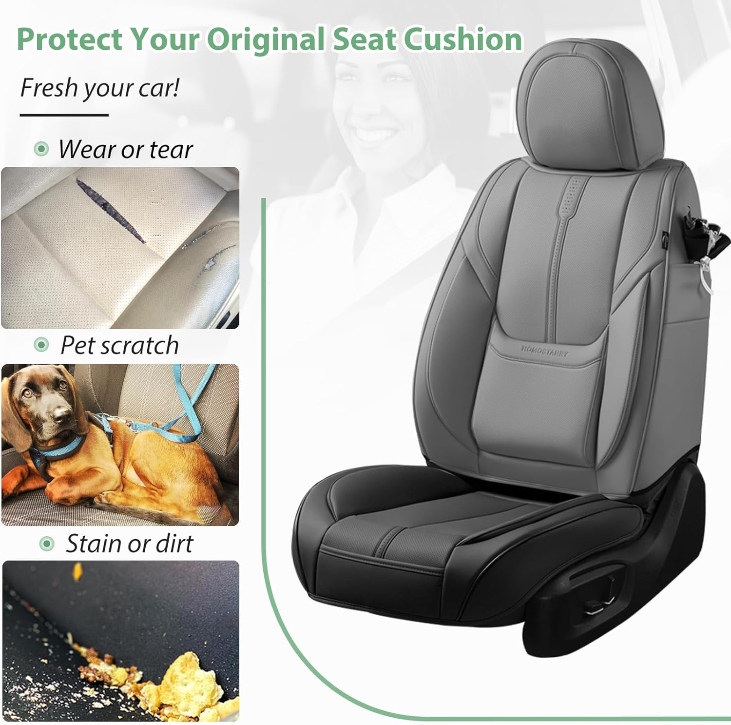 HOMOSTARRY 2 Pack Leather Front Car Seat Cover Bottom Only, Anti-Slip Padded Seat Cushion, Full Wrap Seat Protector with Storage Function Universal Fit for Most Cars, SUV, Pick-Up Trucks (Black)